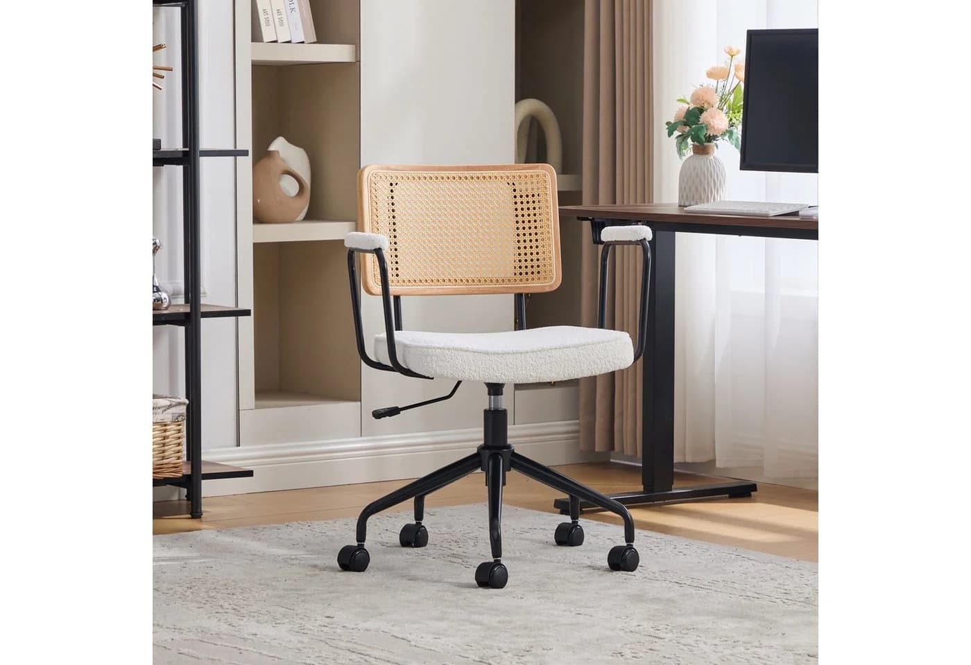 SeedWave Bürostuhl Rattan-Rückenlehne Chenille Schwarz Industrial