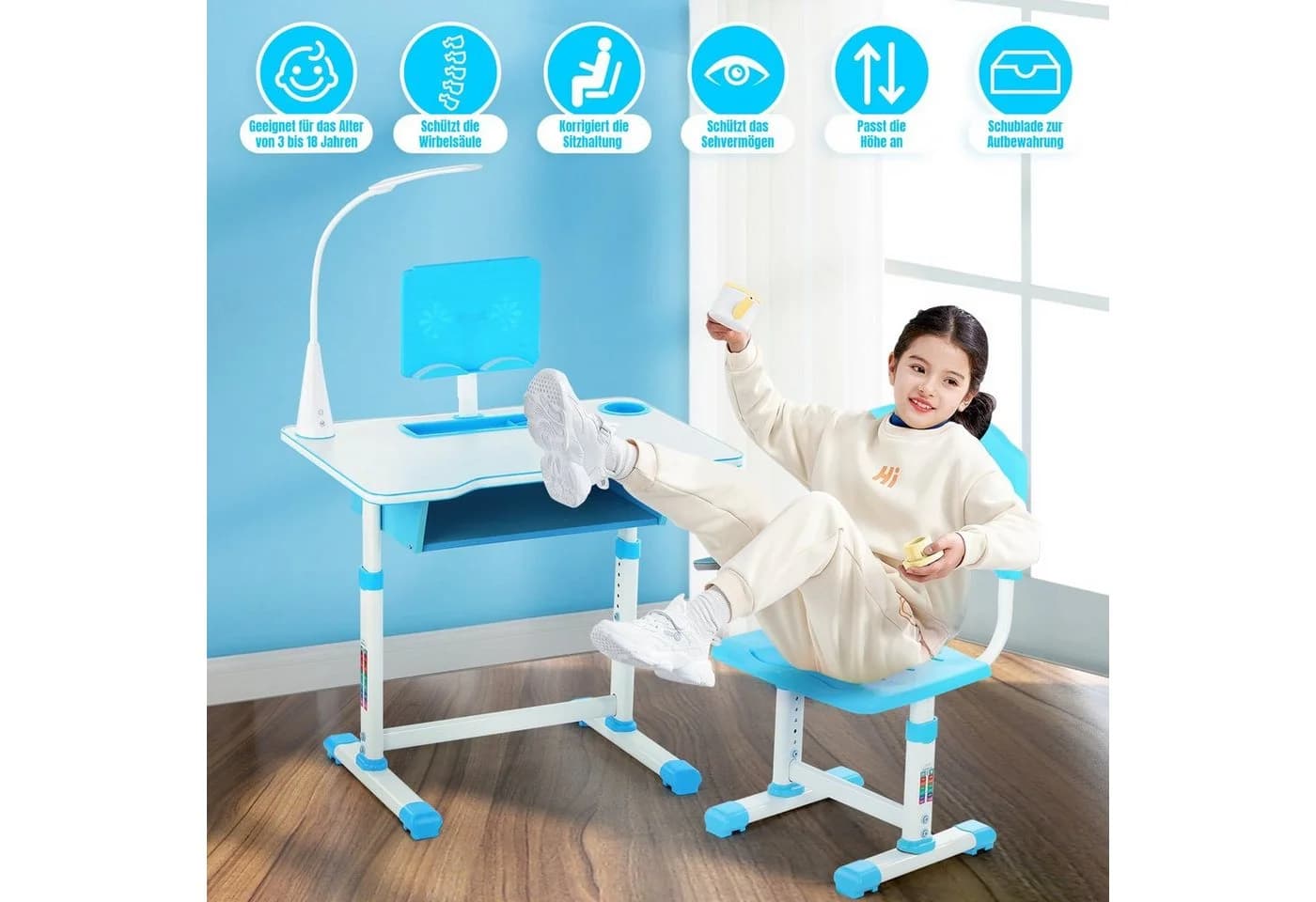 WILGOON Kinderschreibtisch Set mit Lampe & Schublade Blau