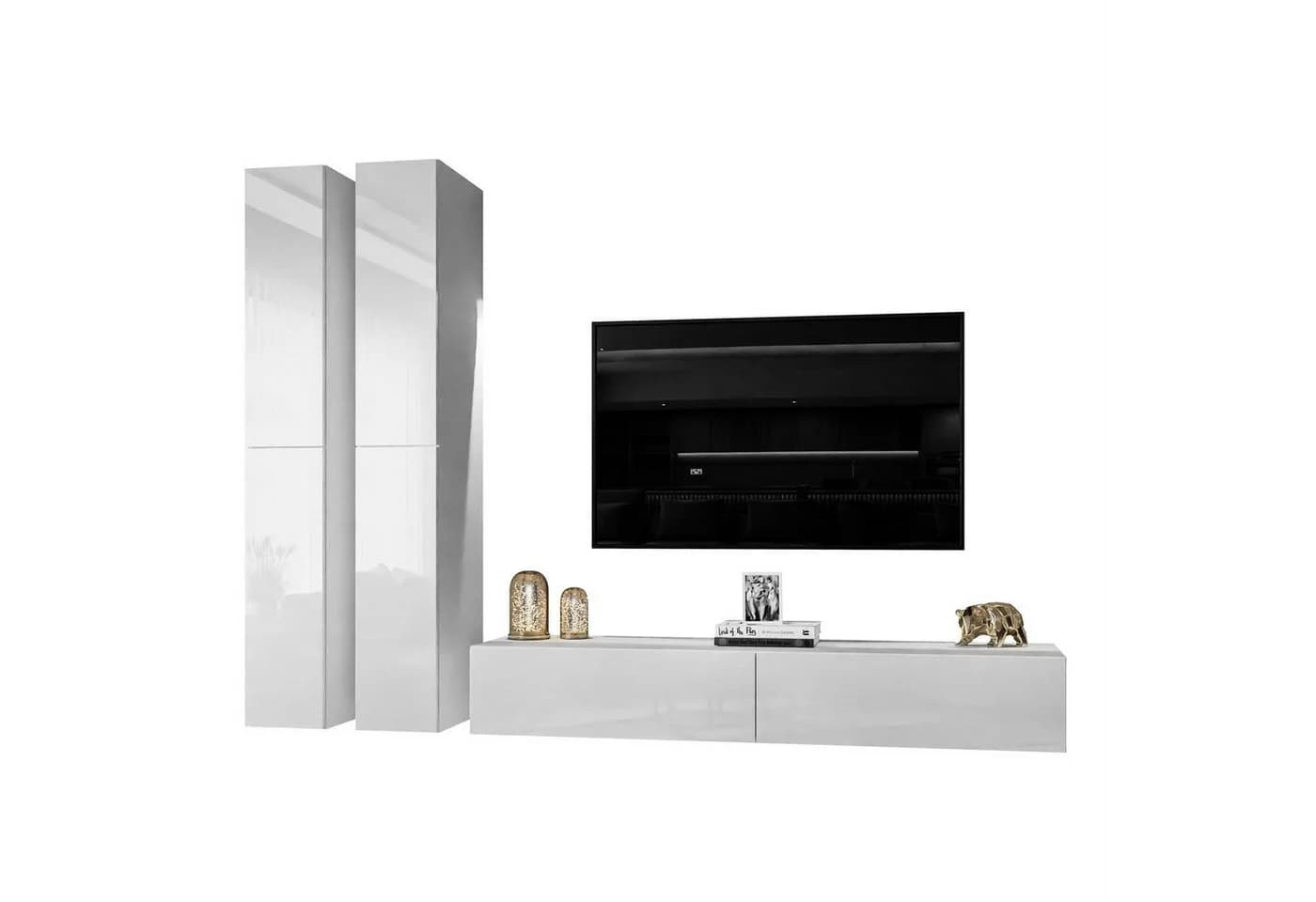 ALLHOUSE24 Wohnwand AURA III 175 cm Breite Hängende Schrankwand Weiß Hochglanz