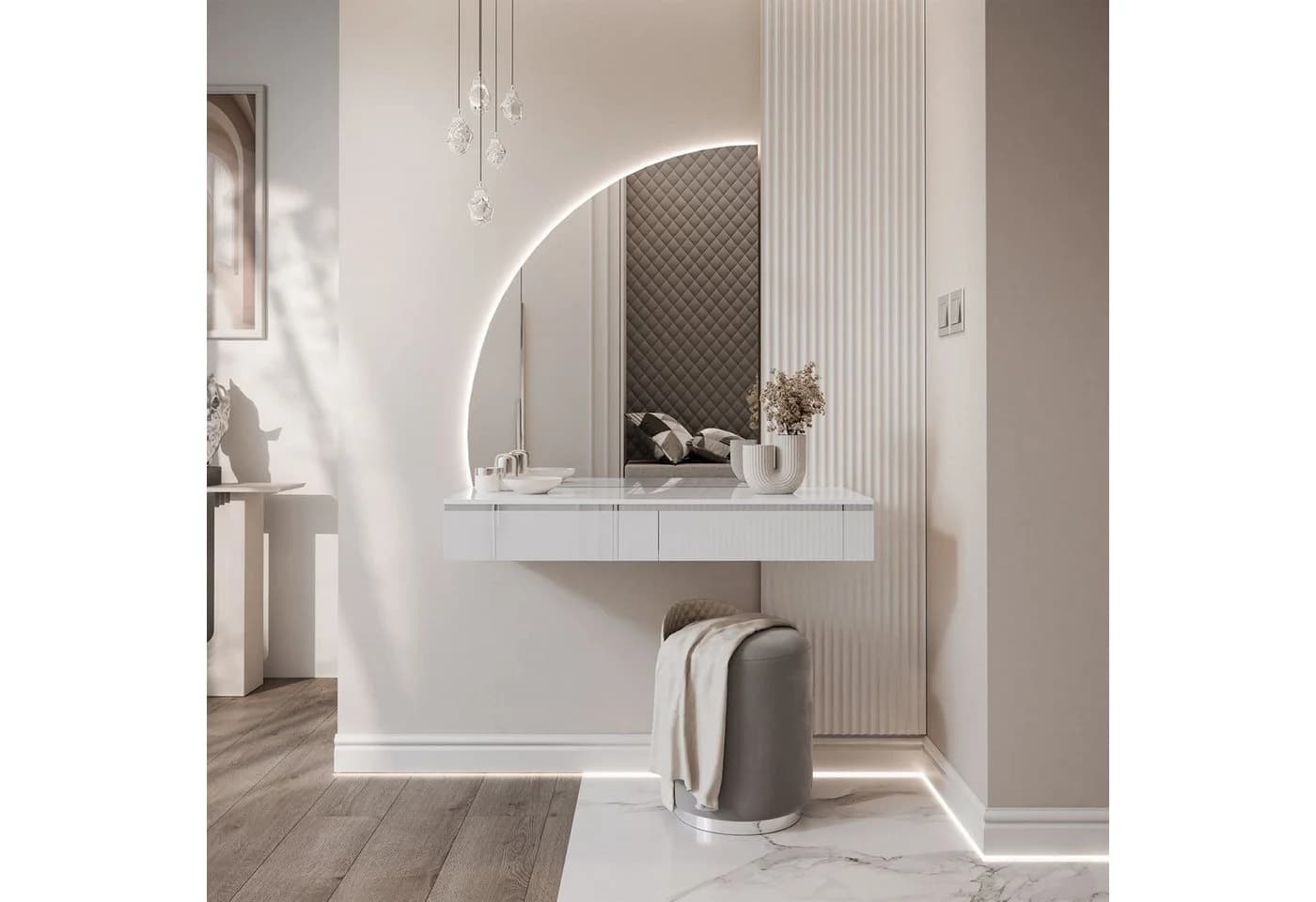 ALLHOUSE24 Schminktisch PEONY SILBER mit LED-Spiegel und Schubladen