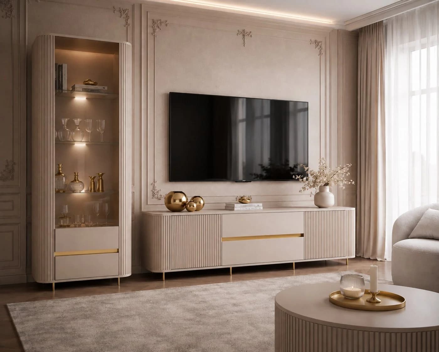 ALLHOUSE24 Wohnzimmer-Set MIRACLE IV Vitrine & Lowboard Sandbeige Gold