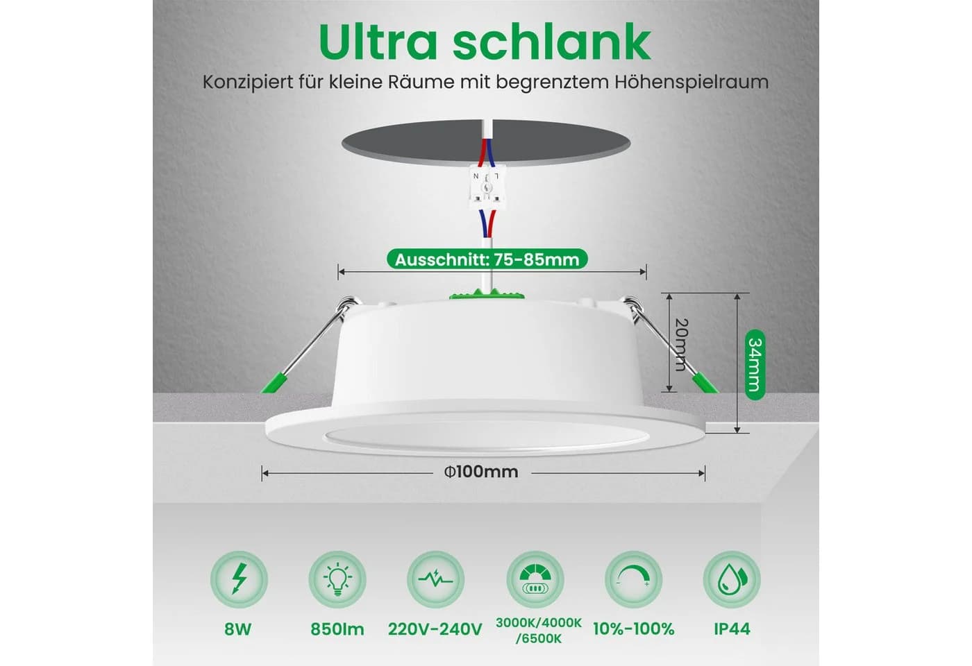 ALUSSO LED Einbauleuchte 6er-Set 3CCT Dimmbar 8W 850lm Weiß