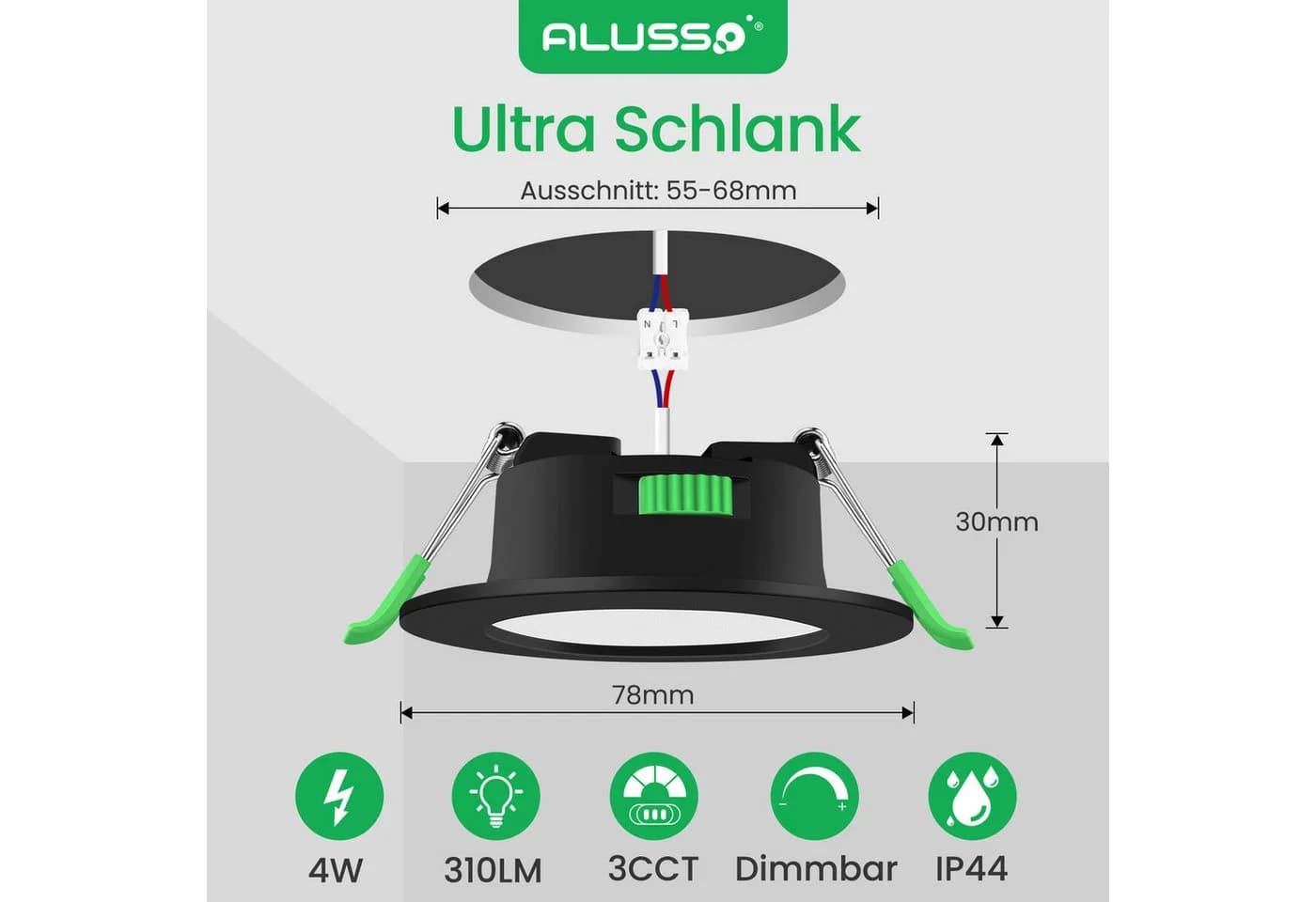ALUSSO LED Einbaustrahler 6er-Set, Deckenleuchte, Flachstrahler für Bad, Wohnzimmer, 230V, 4W, 55-68 mm, Rund, Schwarz
