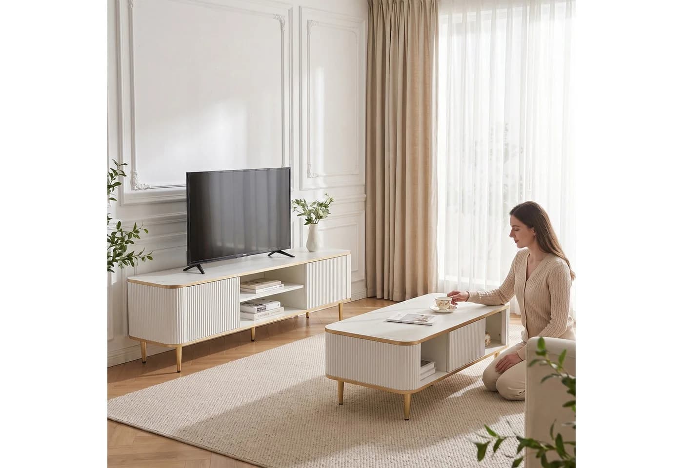 Jiexi TV-Lowboard & Couchtisch Set Marmoroptik Gold