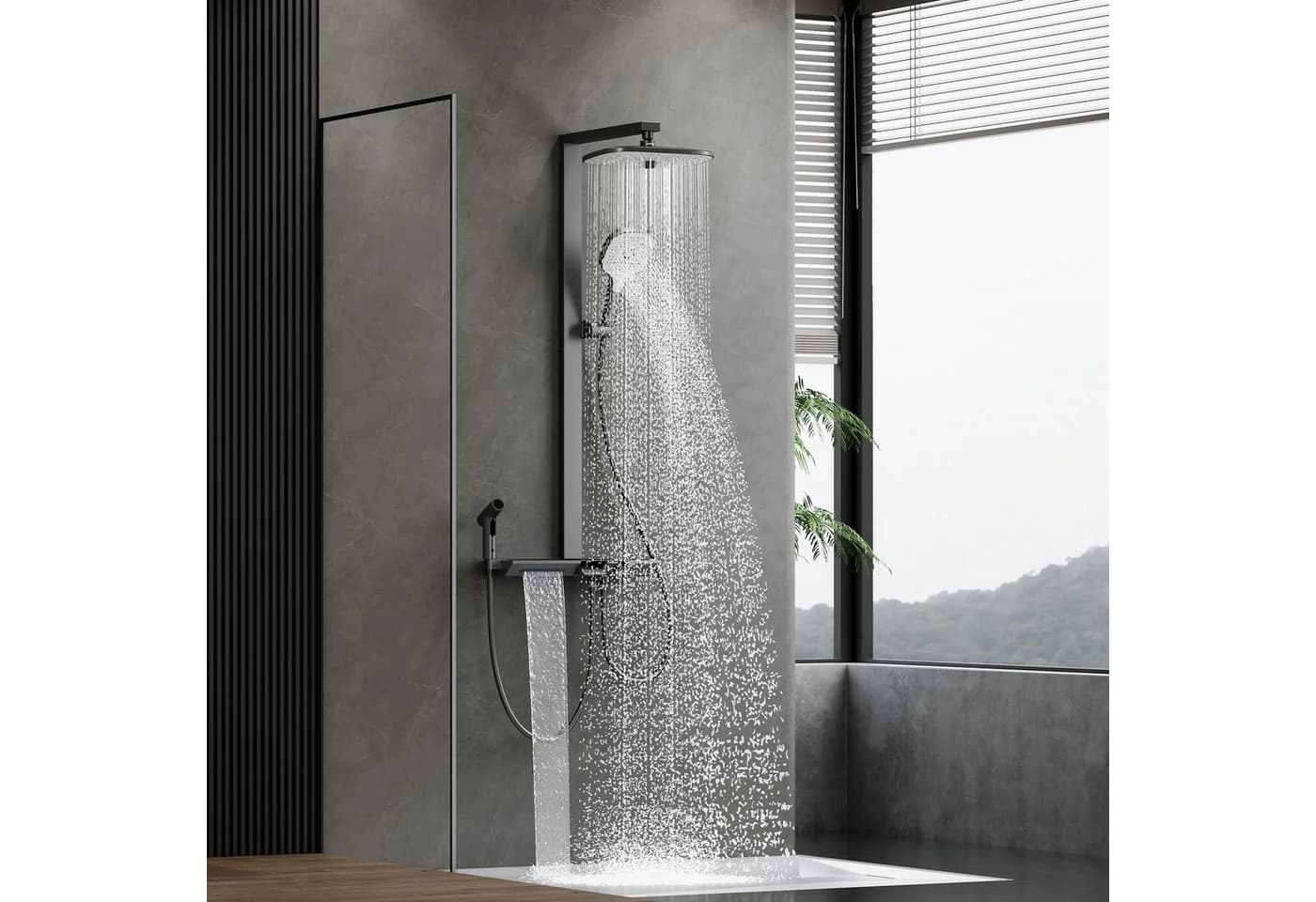 HOROW Duschsystem mit Thermostat, Regendusche & Piano-Tasten, Chrom/Felsgrau