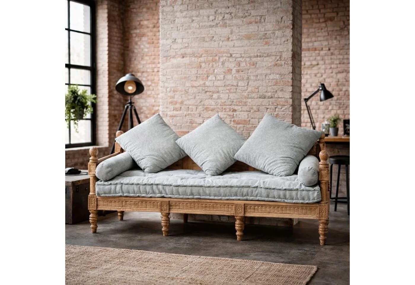 baario 3-Sitzer Holzsofa POBRI Barock Antik Design Massivholz Leinen