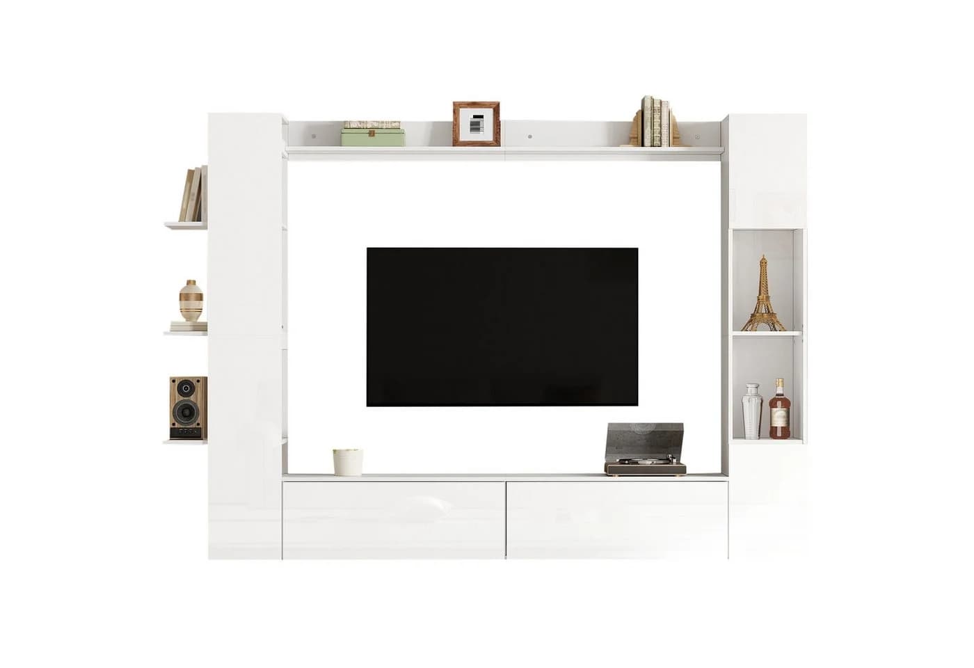 KLAM HOME Wohnwand 4-tlg. Weiß Hochglanz mit Vitrine & TV-Schrank