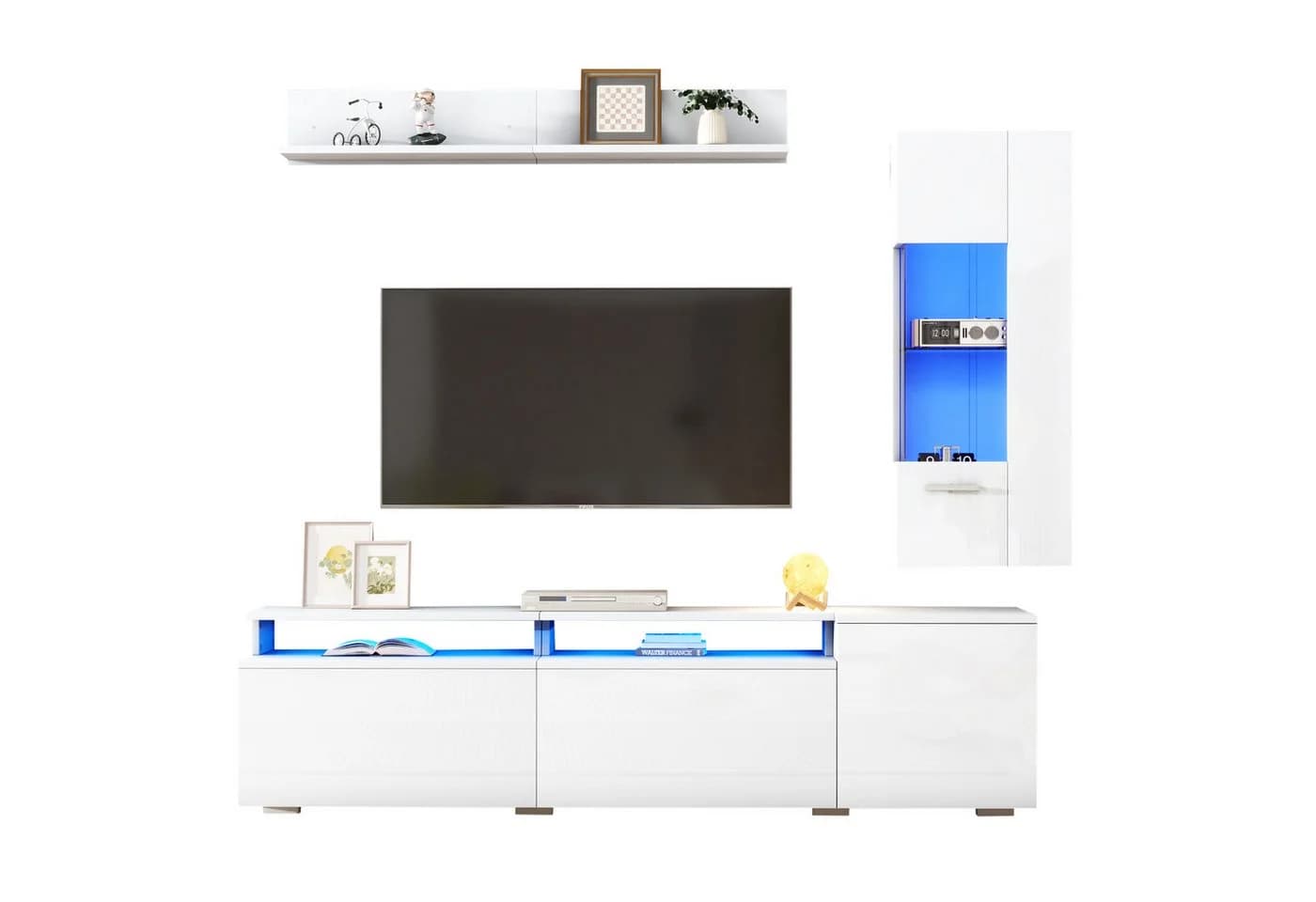 KLAM HOME Wohnwand 3-tlg. TV Set Weiß Hochglanz mit LED