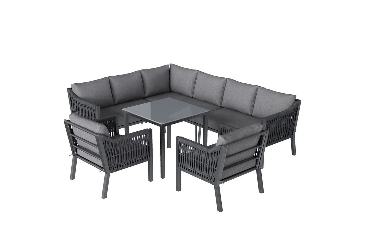KLAM HOME Garten-Essgruppe 8 Personen Grau mit Ecksofa & Glastisch