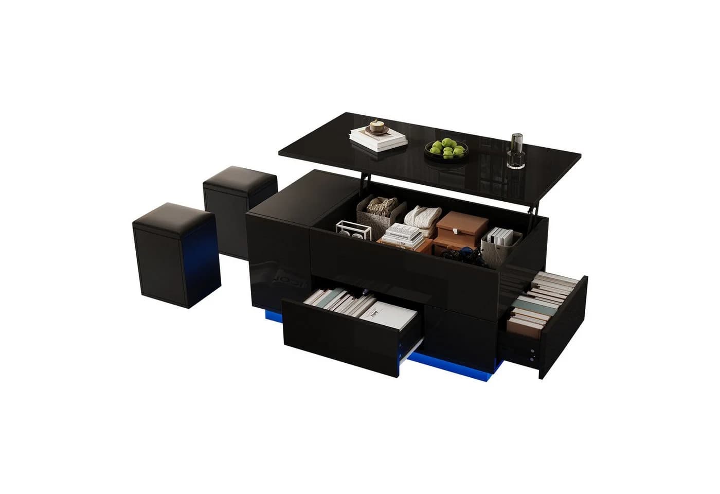 KLAM HOME Höhenverstellbarer LED-Couchtisch Weiß Hochglanz mit Hockern