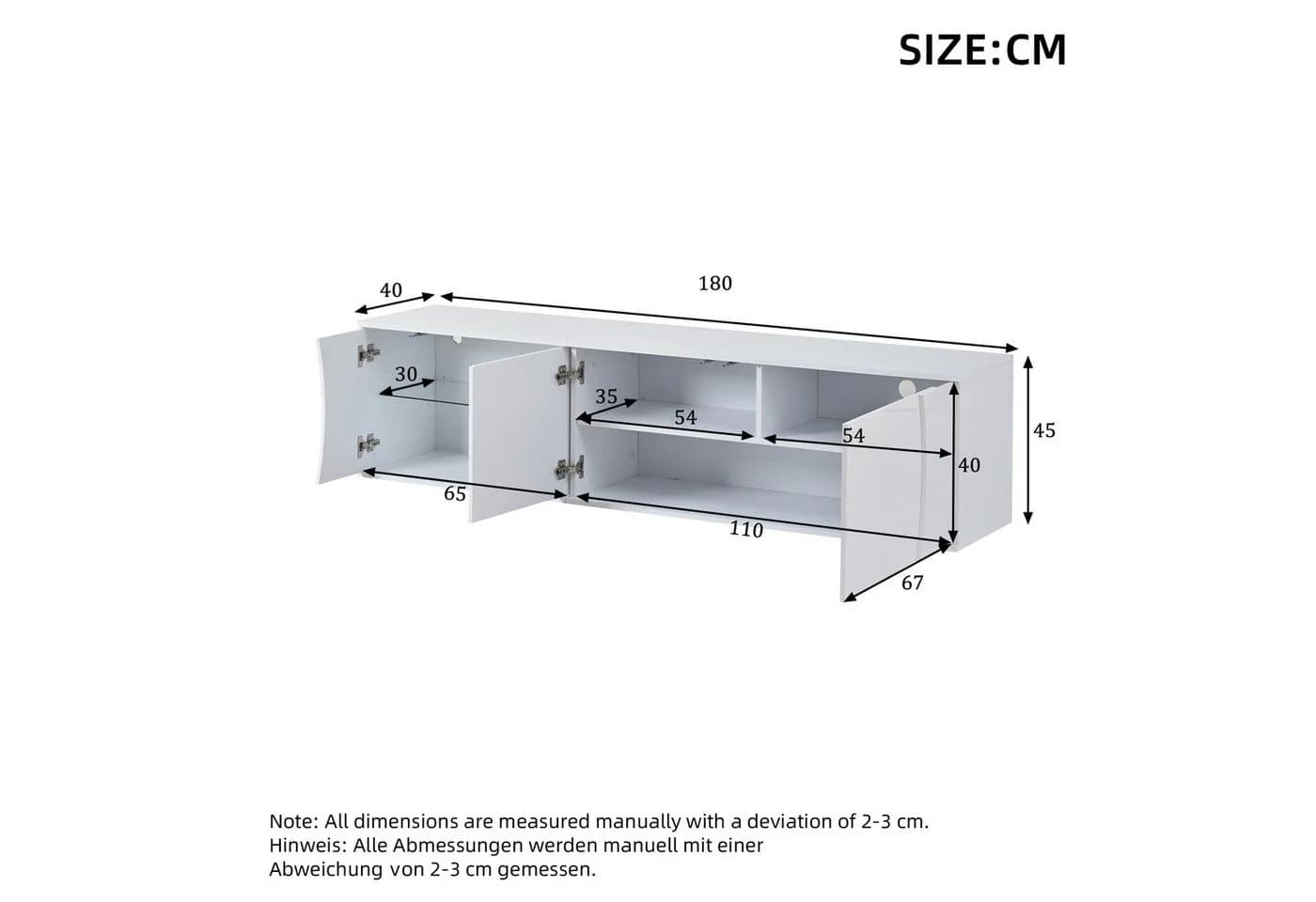 KLAM HOME Lowboard Weißer TV-Schrank mit LED & Glas
