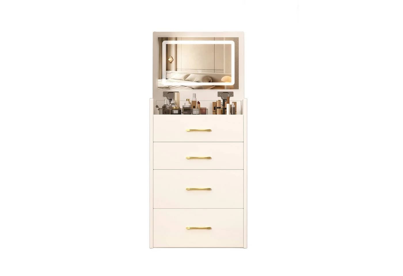 KLAM HOME Schminktisch 3-in-1 Weiß/Walnuss mit Glasplatte & Hocker