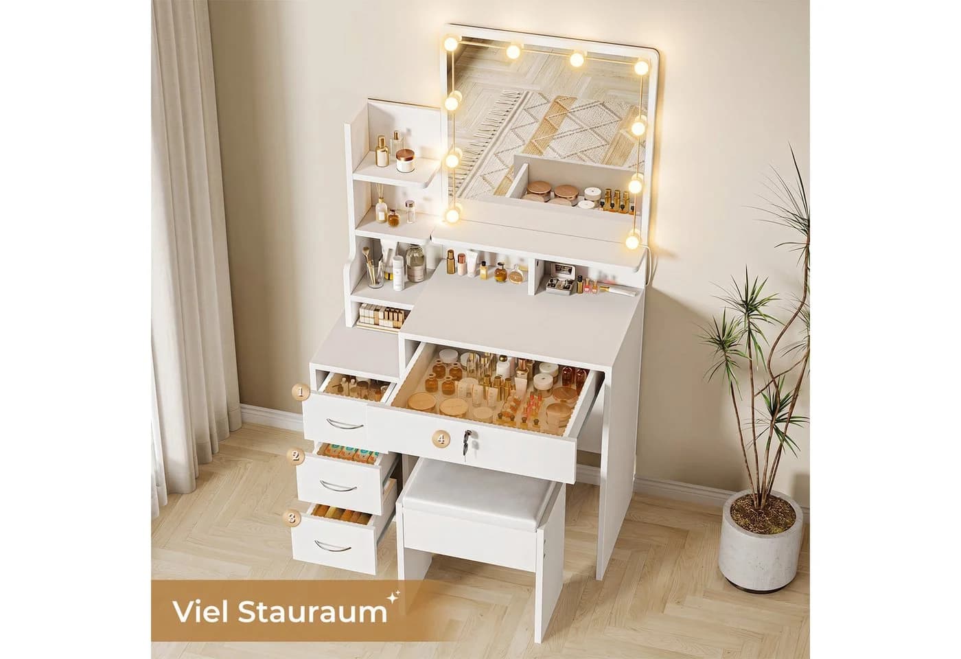 Dripex Schminktisch Weiß mit LED und Hocker