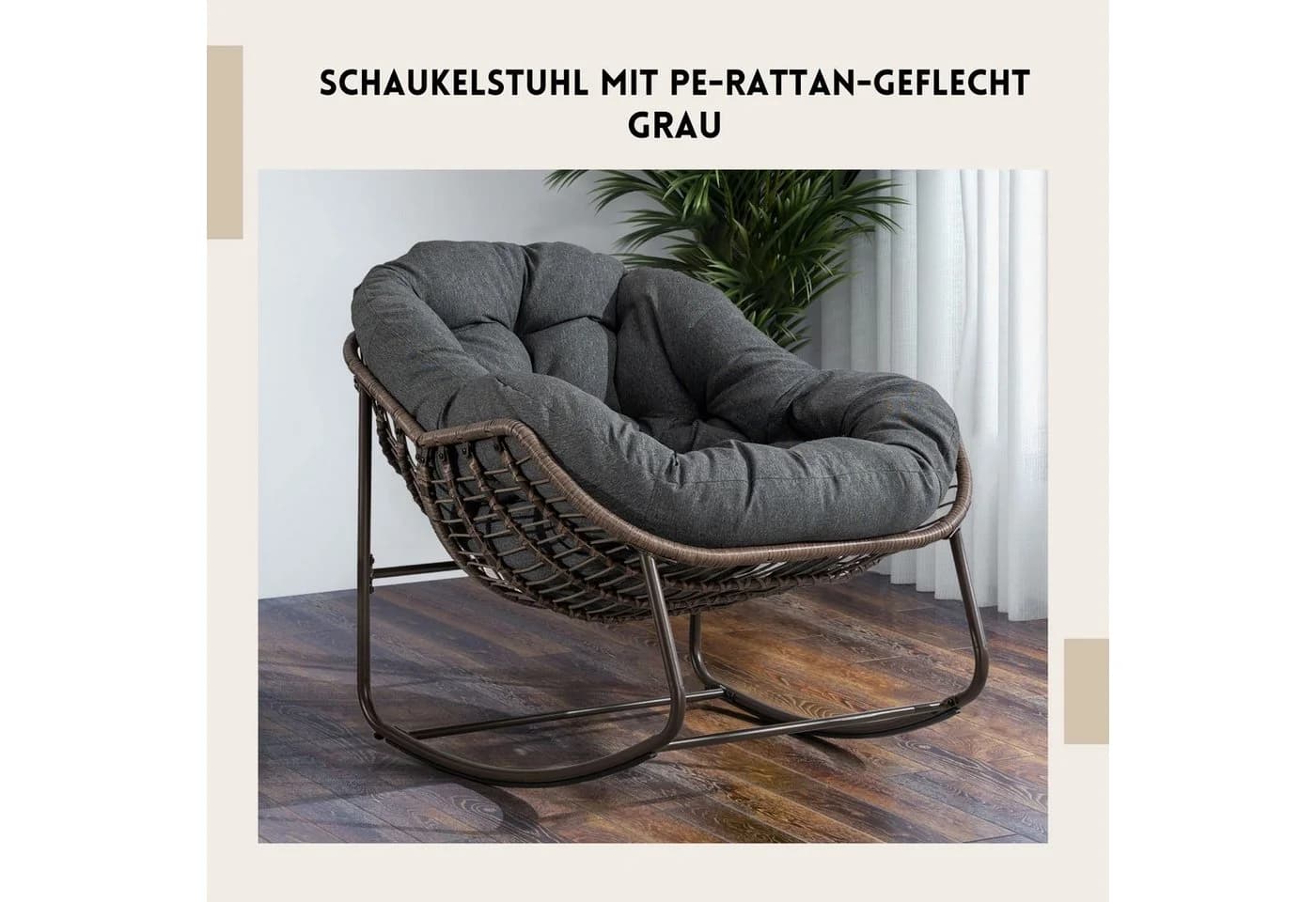 SeedWave Schaukelstuhl Grau PE-Rattan mit 15 cm Kissen