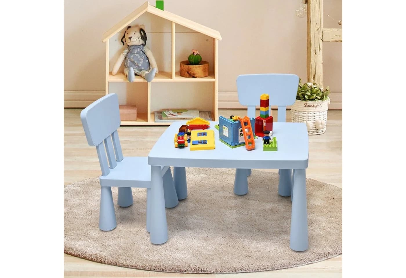 COSTWAY Kindersitzgruppe 3 TLG. Kindertisch mit 2 Stühlen Blau