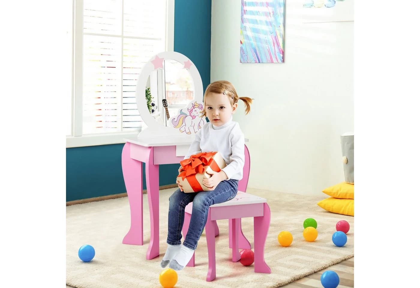 COSTWAY Schminktisch Kinder Rosa mit Hocker, Schublade und abnehmbarem Spiegel