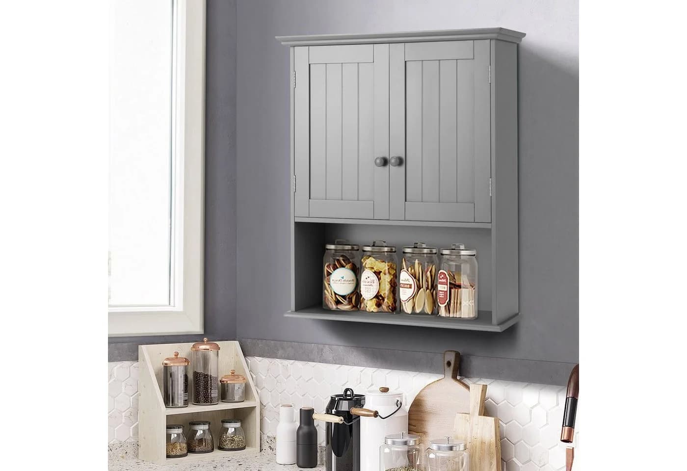 COSTWAY Badschrank Grau mit Tür & verstellbarer Ablage Wandmontage
