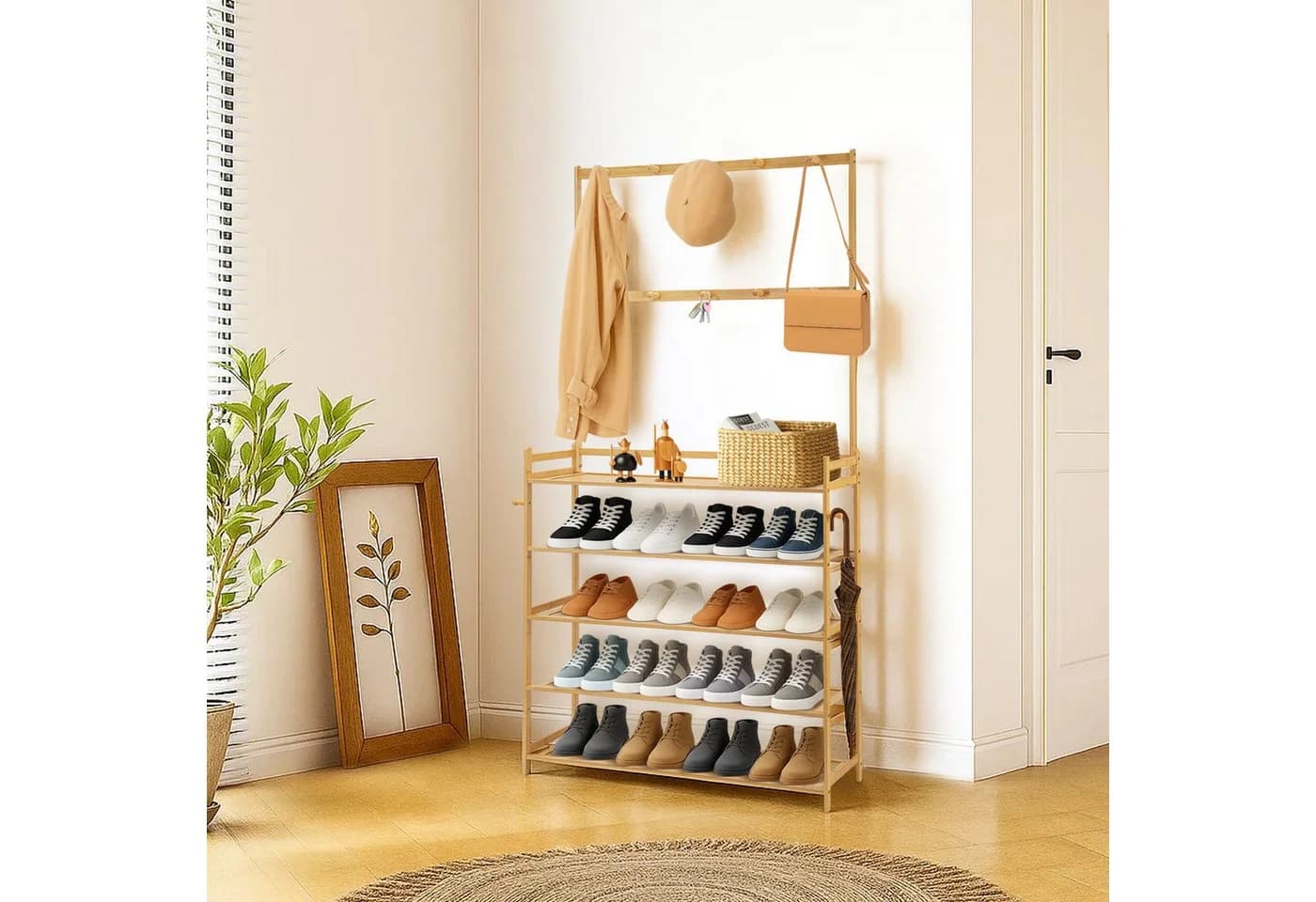 Youyijia Schuhregal mit Garderobe 2-in-1 Bambus Natur
