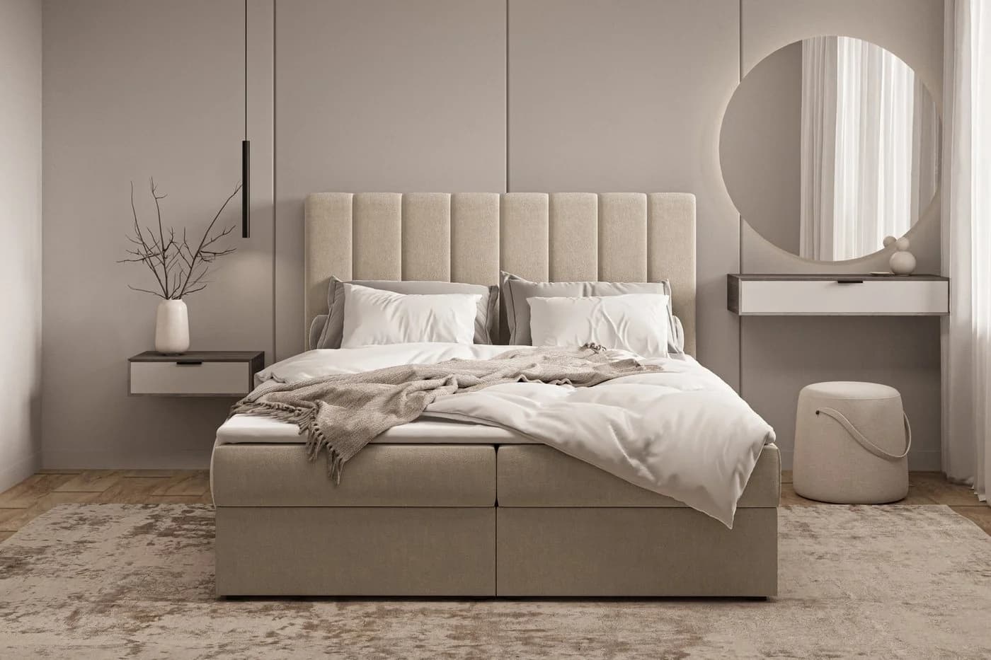 ROYAL24_MARKT Boxbett Manila Beige mit Bettkasten und Topper