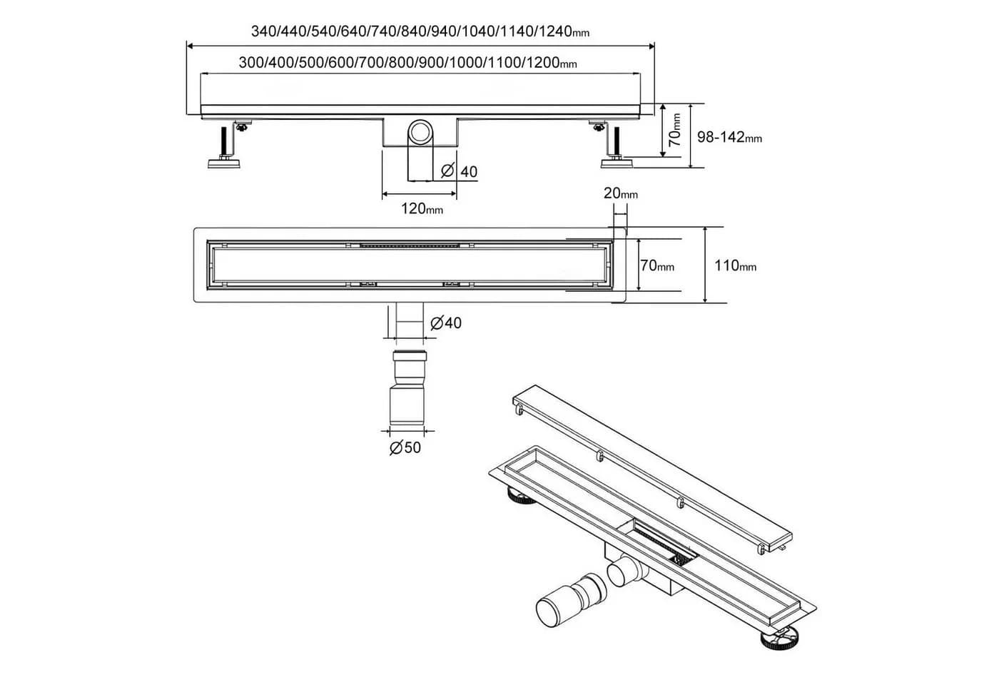 SaniteModar Duschrinne 60 cm Edelstahl mit Siphon & Filter