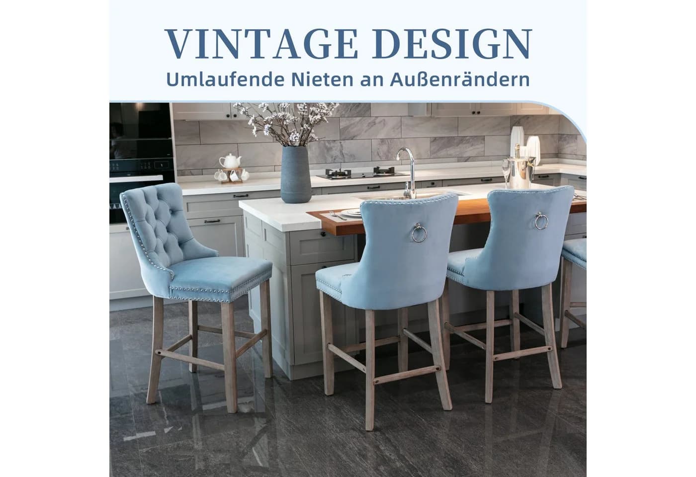 SeedWave Barhocker Mit Rückenlehne, 2er-Set Samt Barstuhl Mit Verstellbaren Schrauben, Polsterhocker Inkl. 4 Holzfüße Mit Fußstütze, Nieten Und Knopf-Design