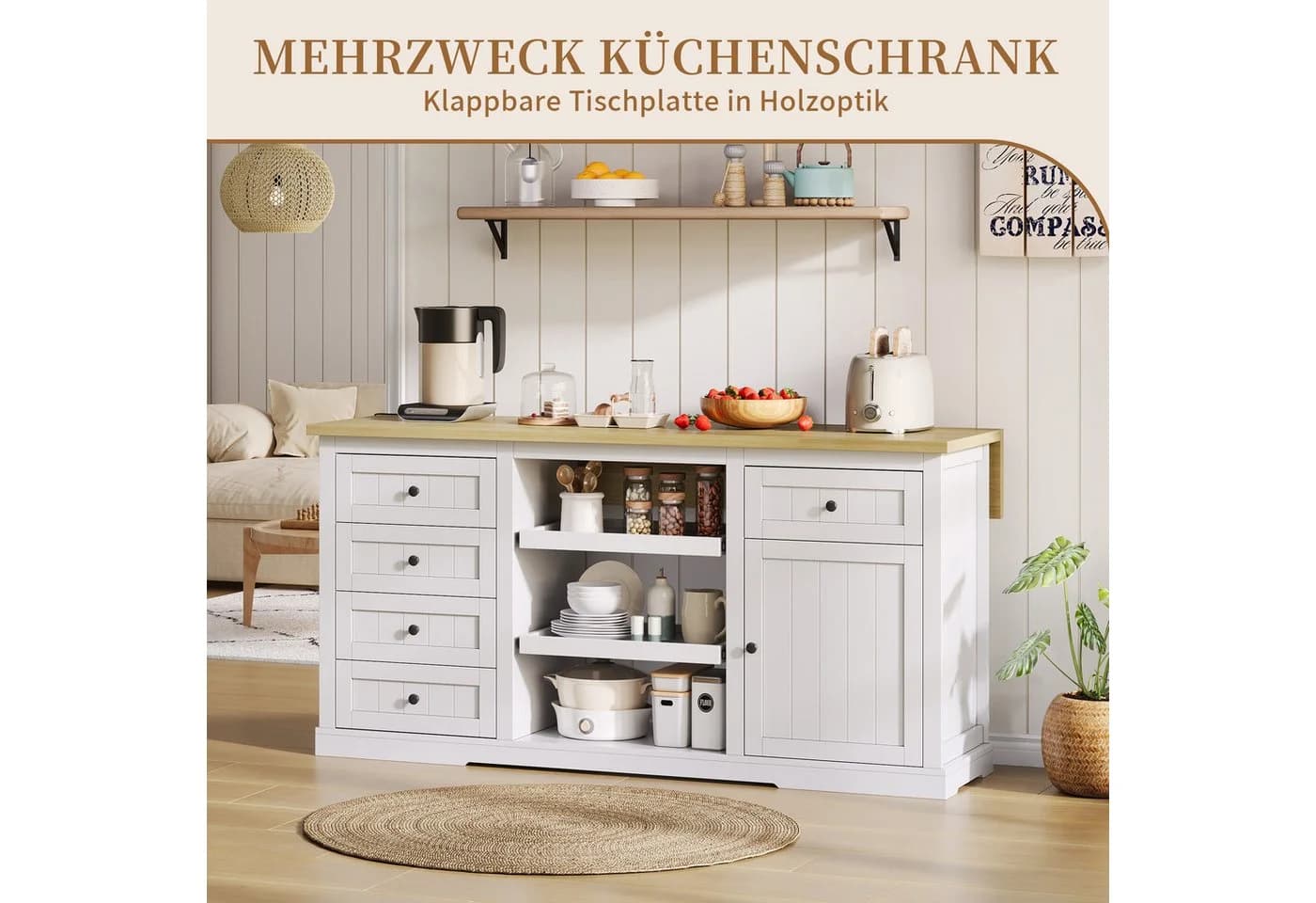 SeedWave Anrichte 150 cm mit Ladefunktion, klappbarer Tischplatte und USB-Anschlüssen
