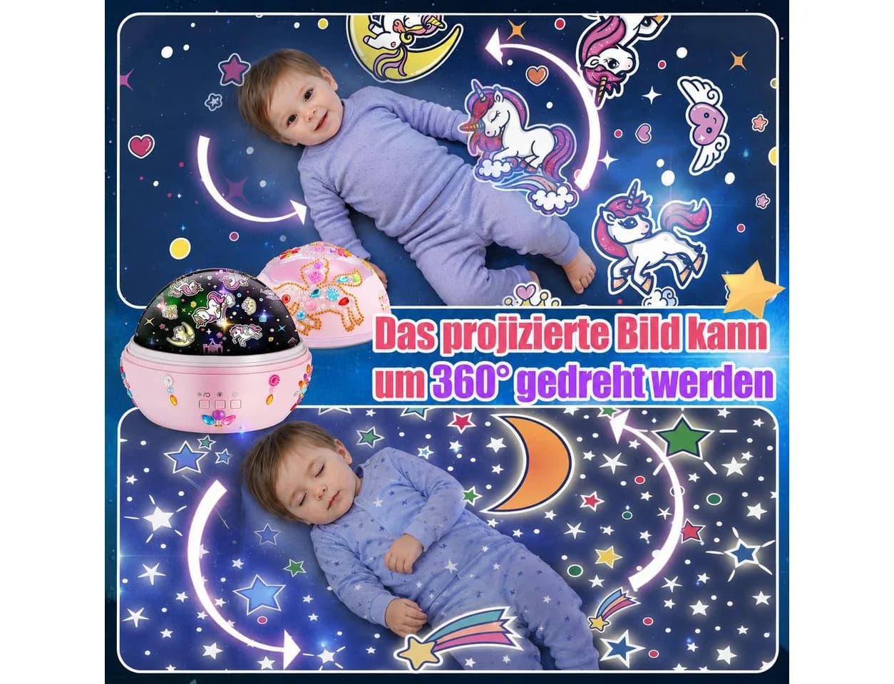 Wootoy LED Nachtlicht Einhorn Projektor Rosa 360° Rotation