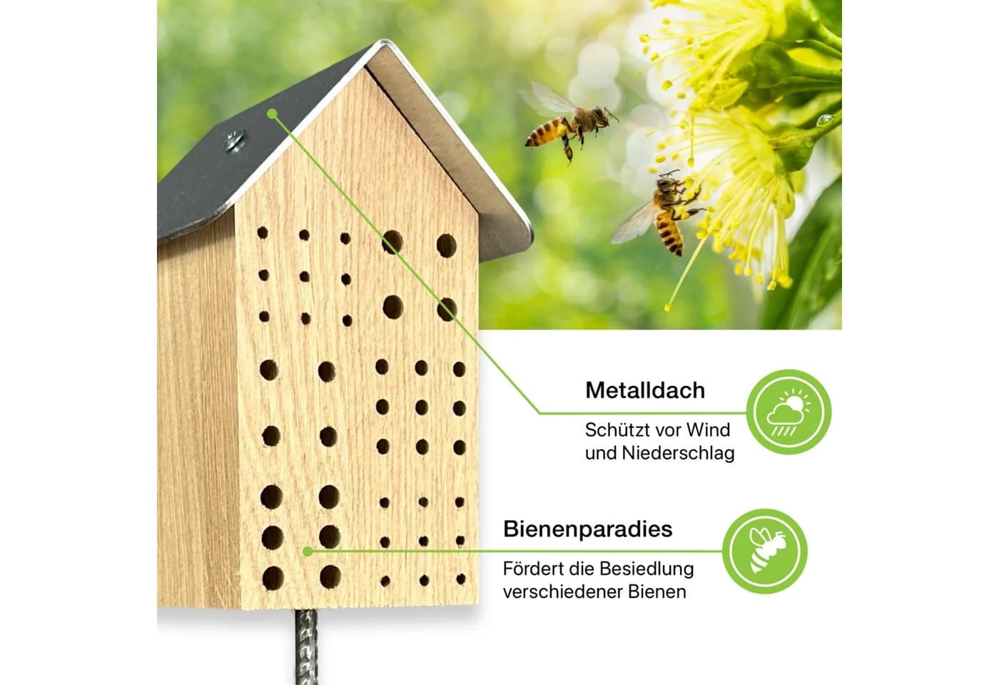 Insektenhotel Wildbienenhotel Eiche mit Metalldach