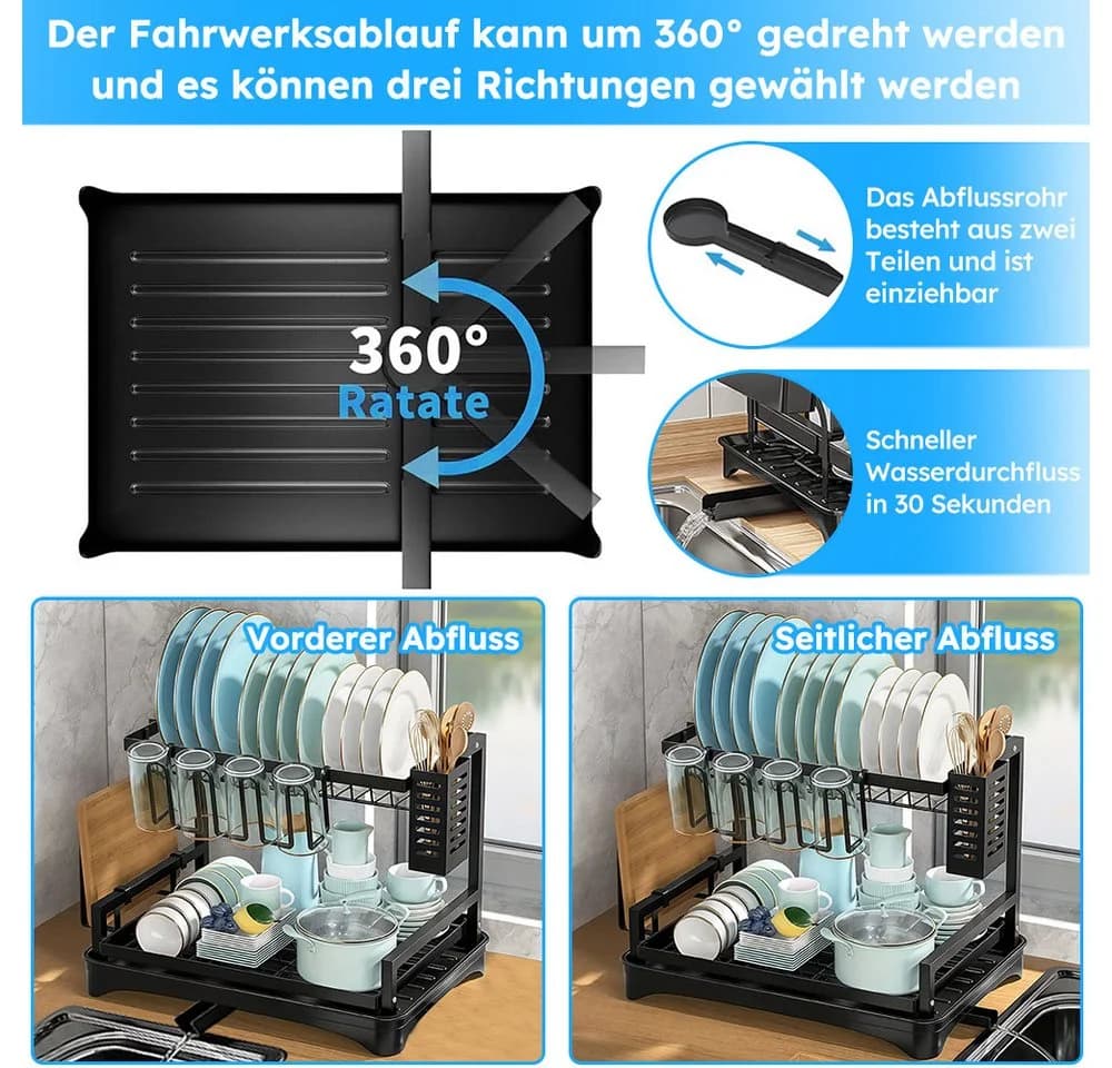 MOPUEA Geschirrständer Edelstahl 2-stöckig mit Wasserauslass