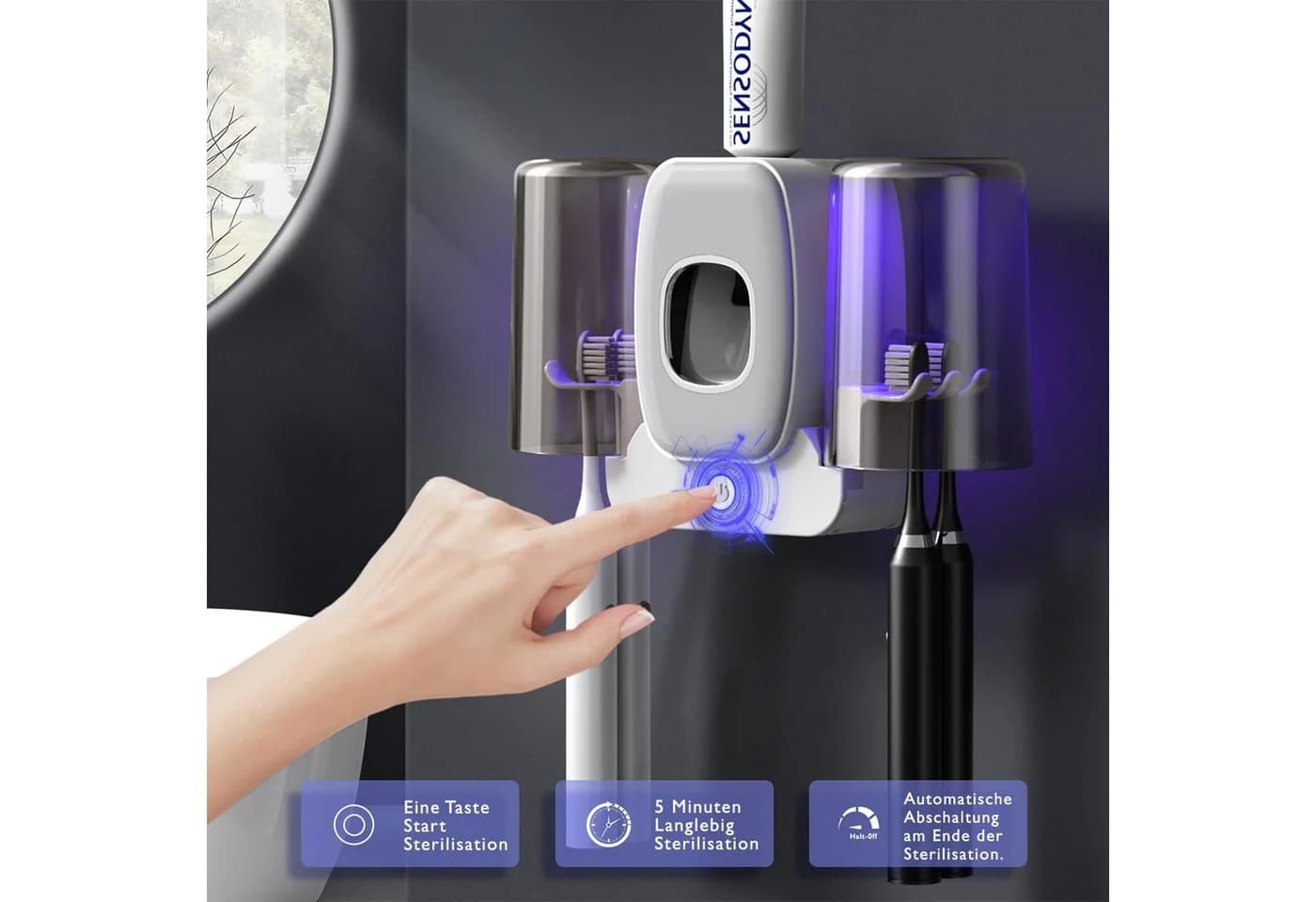 MOPUEA UV-Zahnbürstenhalter mit 4 Schlitzen, Zahnpastenspender und UV-Desinfektion