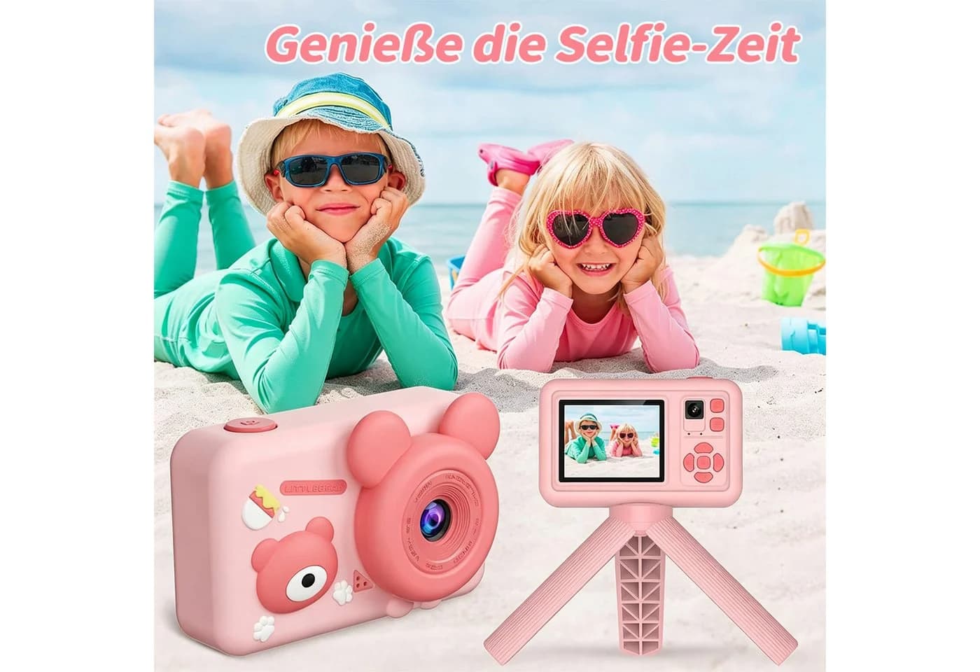 MOPUEA Kinderkamera Dualobjektiv 32GB 1080P Rosa