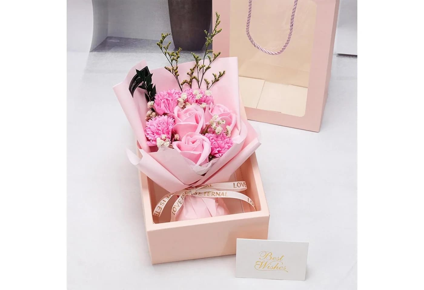 MOPUEA Künstliche Rosen Seifenblumen Strauß Rosa in Geschenkbox
