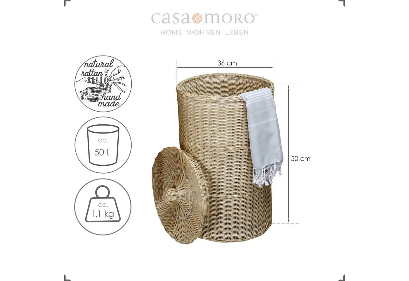 Casa Moro Wäschekorb mit Deckel 50L Rattan Rund Natur