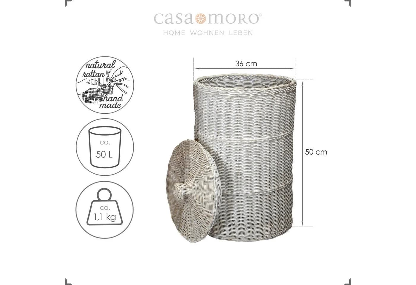 Casa Moro Wäschekorb mit Deckel Rattan White Wash 50L