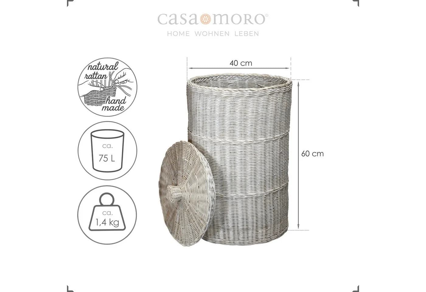 Casa Moro Wäschekorb mit Deckel Rattan 75L White Wash