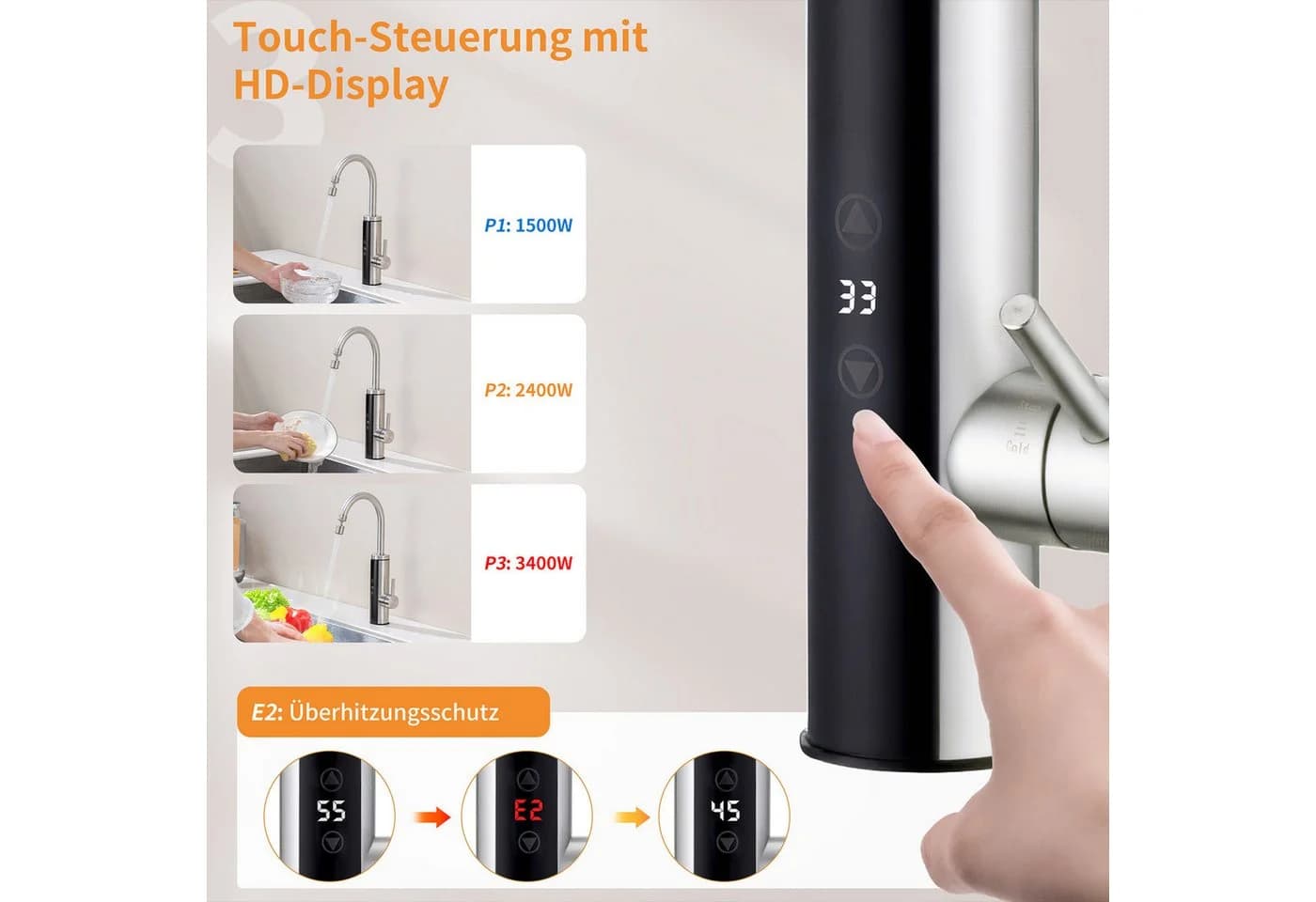 HOMELODY Küchenarmatur mit Durchlauferhitzer, 360° drehbar, 3-Stufen Touchregelung, Gebürstet