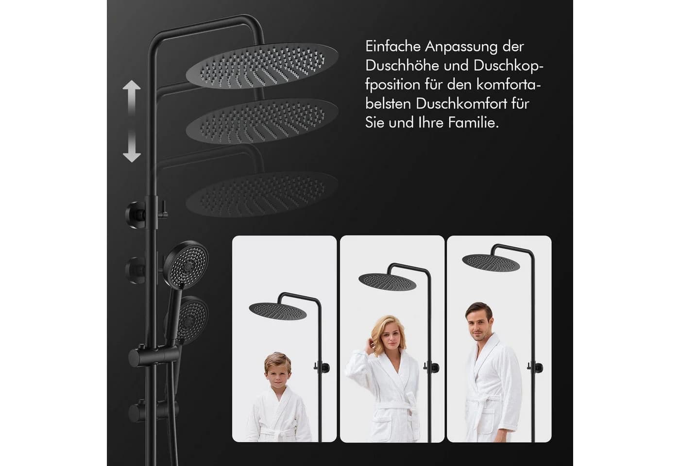 HOMELODY Duschsystem mit Regendusche, Handbrause und Thermostat Schwarz