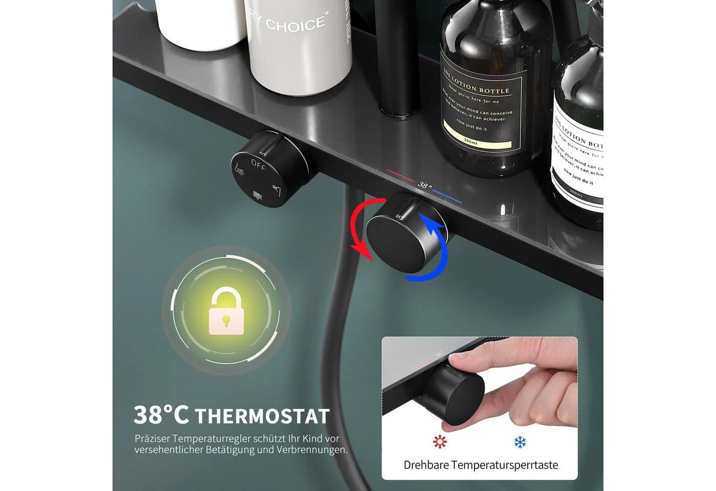 HOMELODY Duschsystem mit Thermostat und Glasablage in Schwarz, 3 Strahlarten, 12 Zoll Regendusche