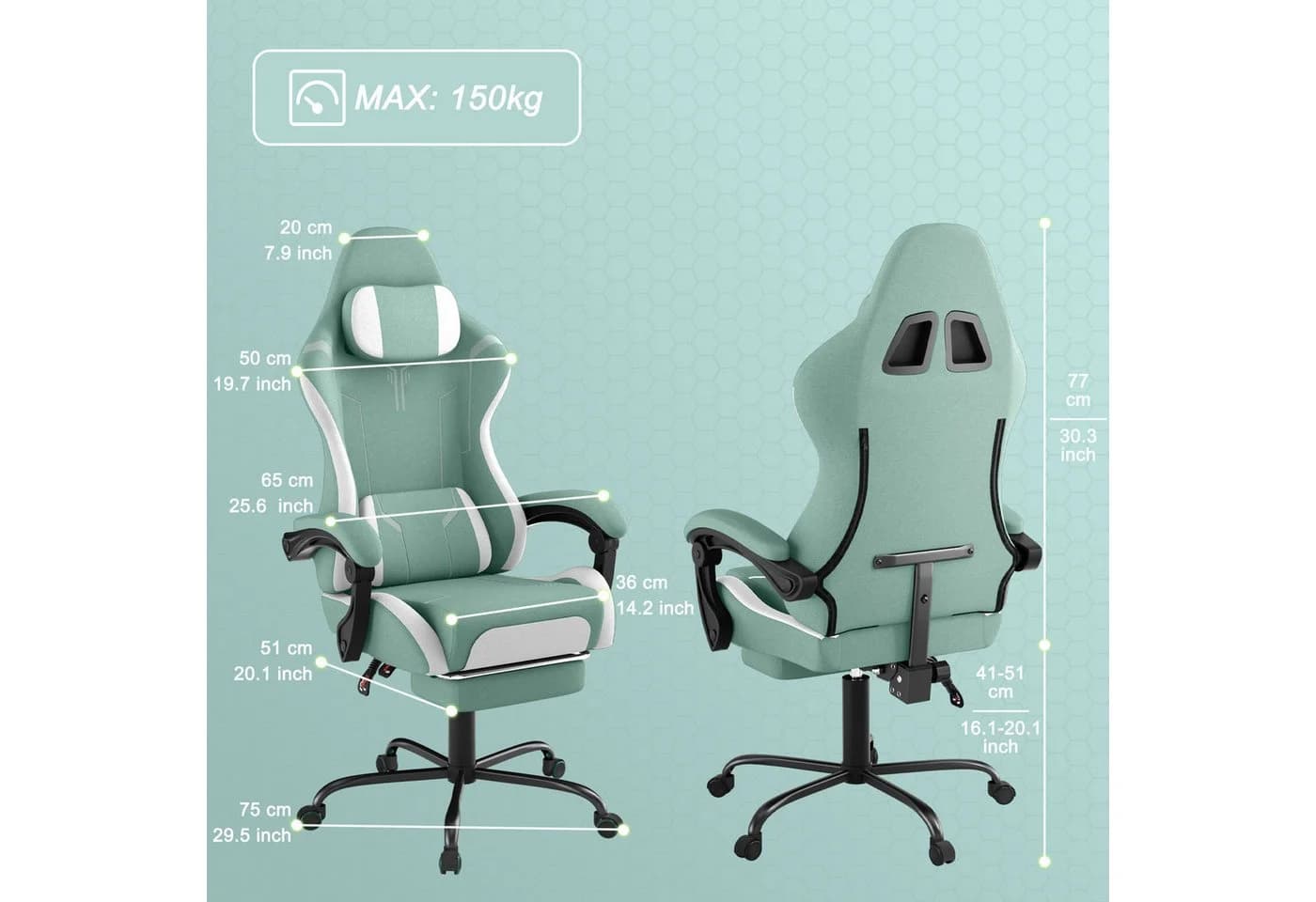 FIVMEN Gaming-Stuhl Ergonomisch mit Massage-Lendenkissen und Fußstütze Grün