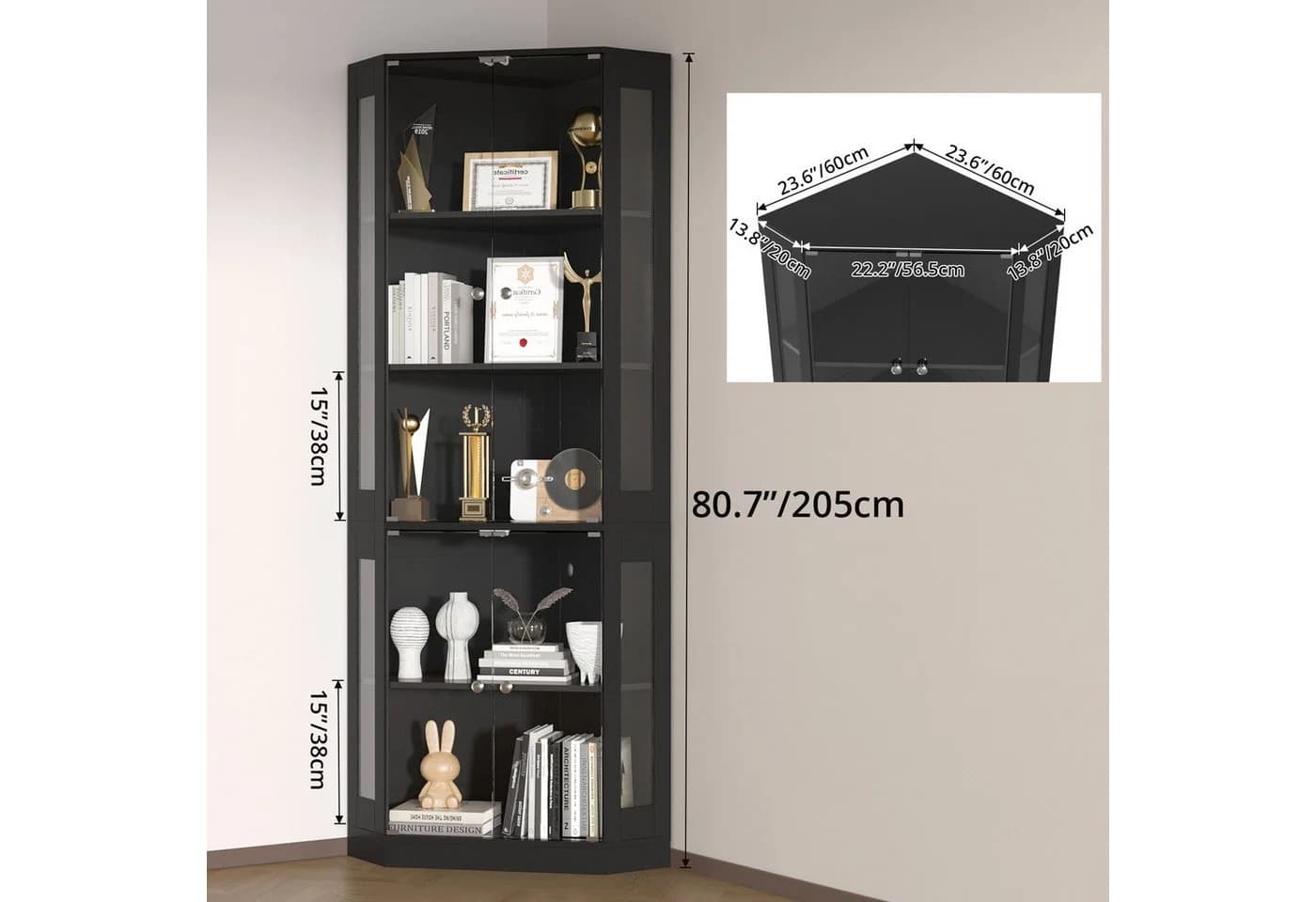 VOWNER Eckschrank 205 cm Beleuchtete Vitrine mit Glastüren, 5-stöckiges Eckregal mit 3 Farblichtern & Bewegungssensor für Sammlerstücke, Bücher