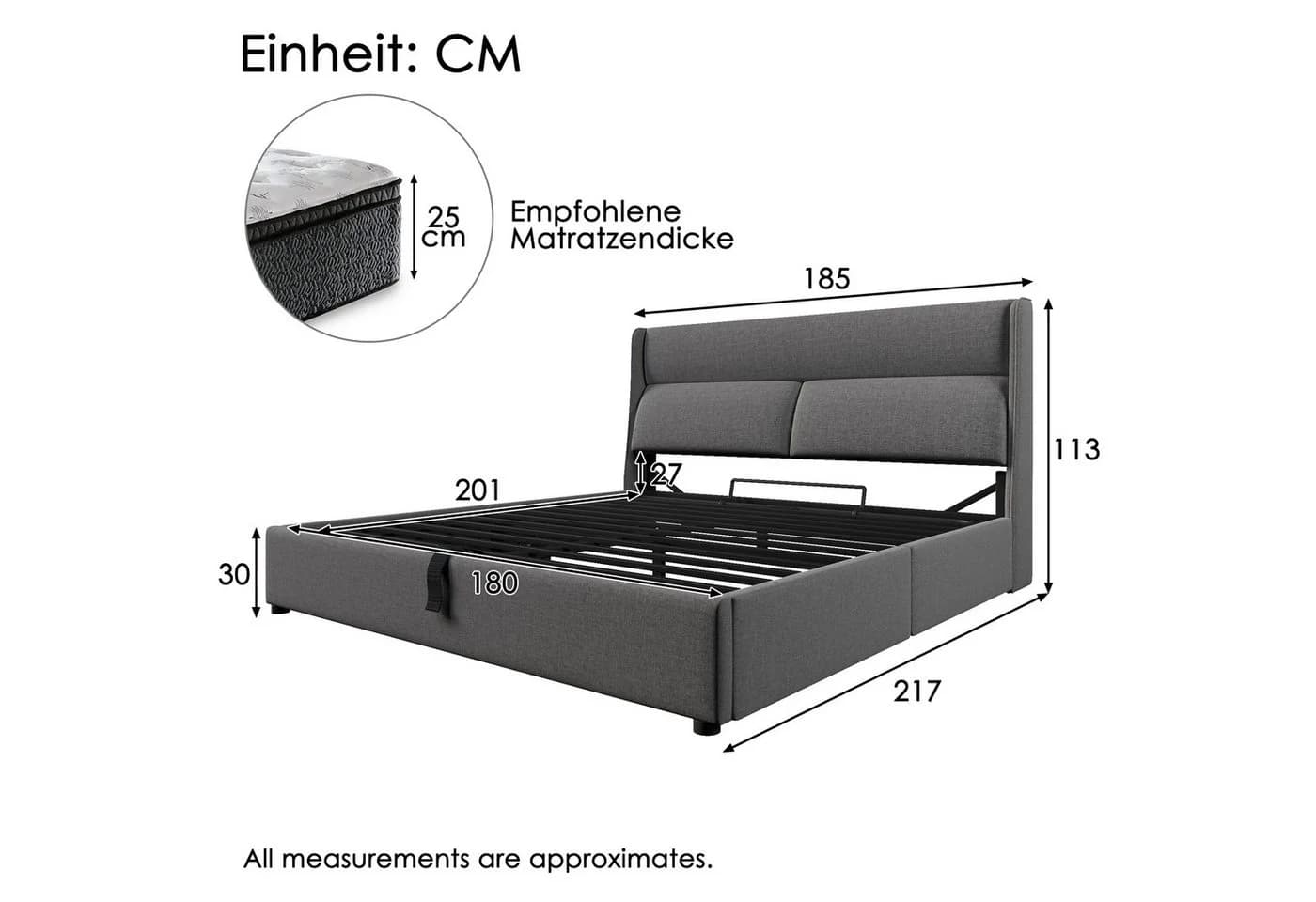 Ulife Polsterbett Grau mit Bettkasten & Metall-Lattenrost