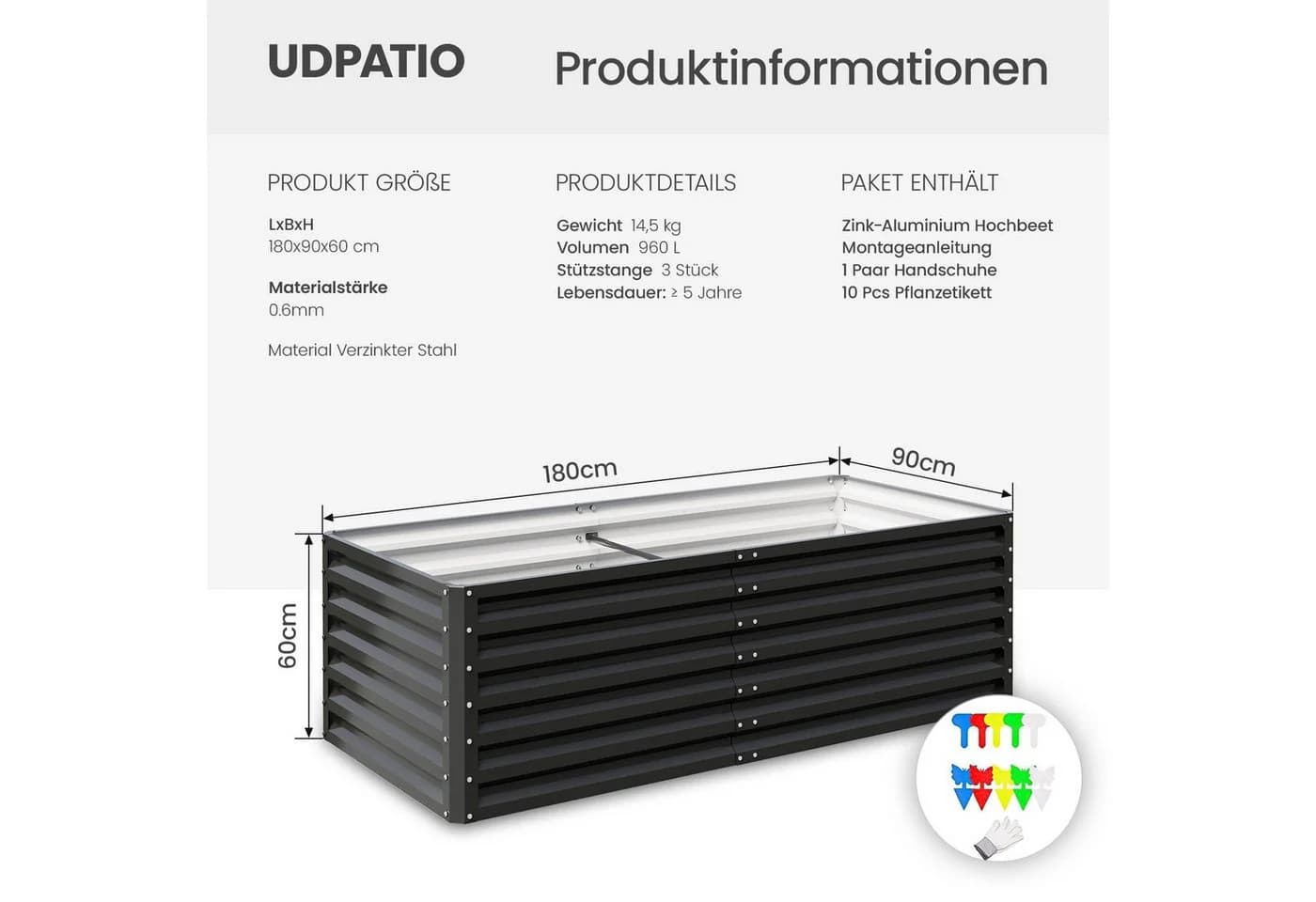 UDPATIO Hochbeet Metall 2er-Set Schwarz/Grau Verzinkter Stahl
