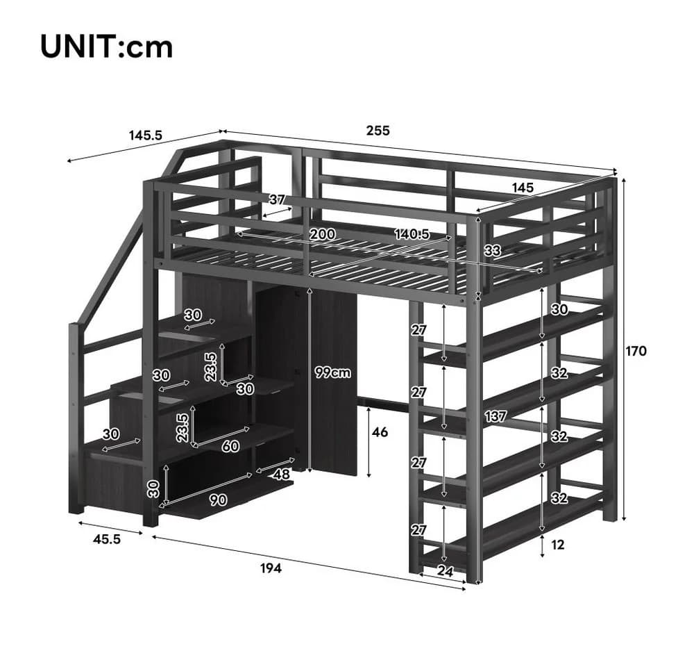 Ulife Metall-Hochbett 140x200 Schwarz mit Schrank & LED
