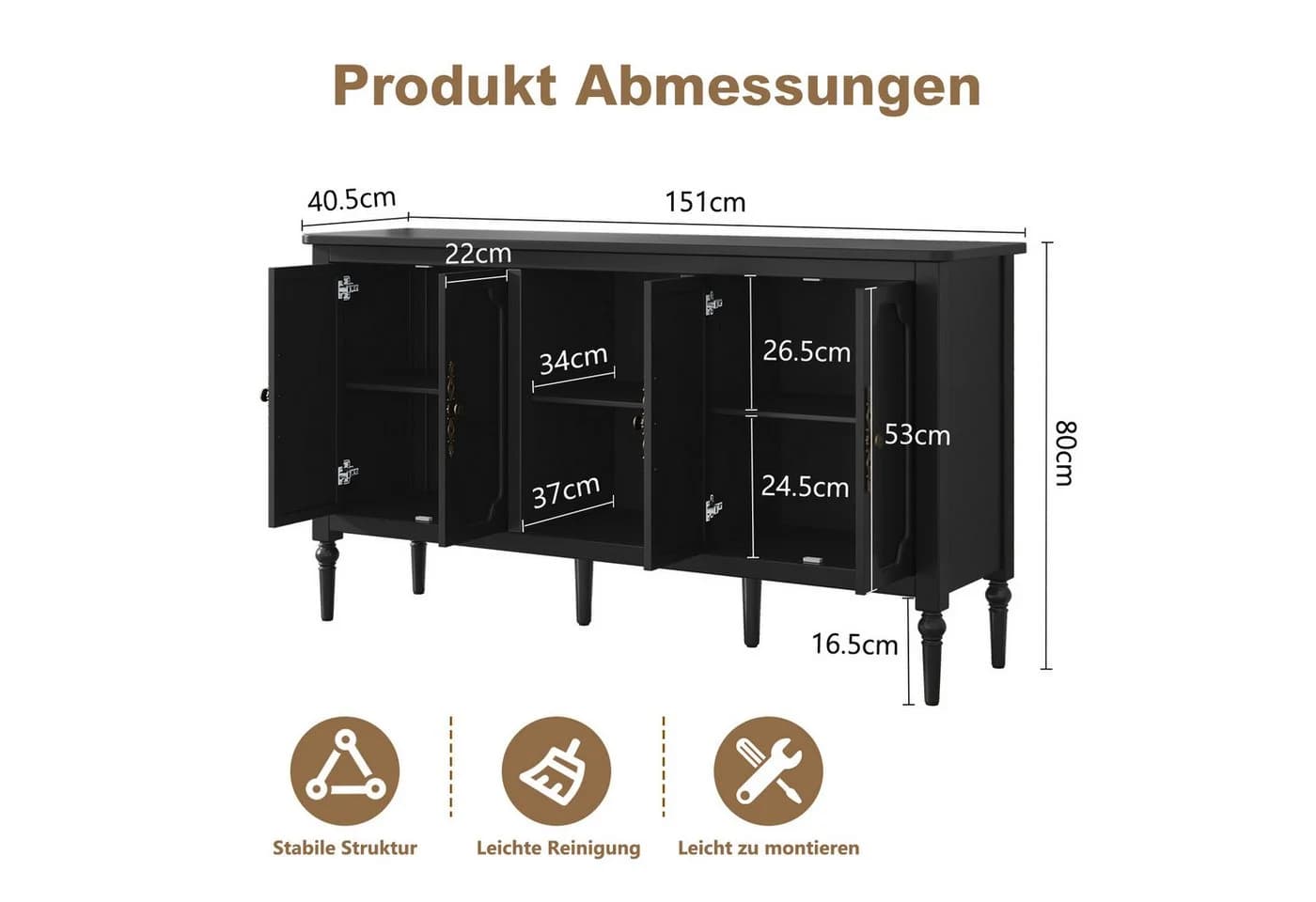 HOLTICO Sideboard Buffet 4 Türen Vintage Schwarz