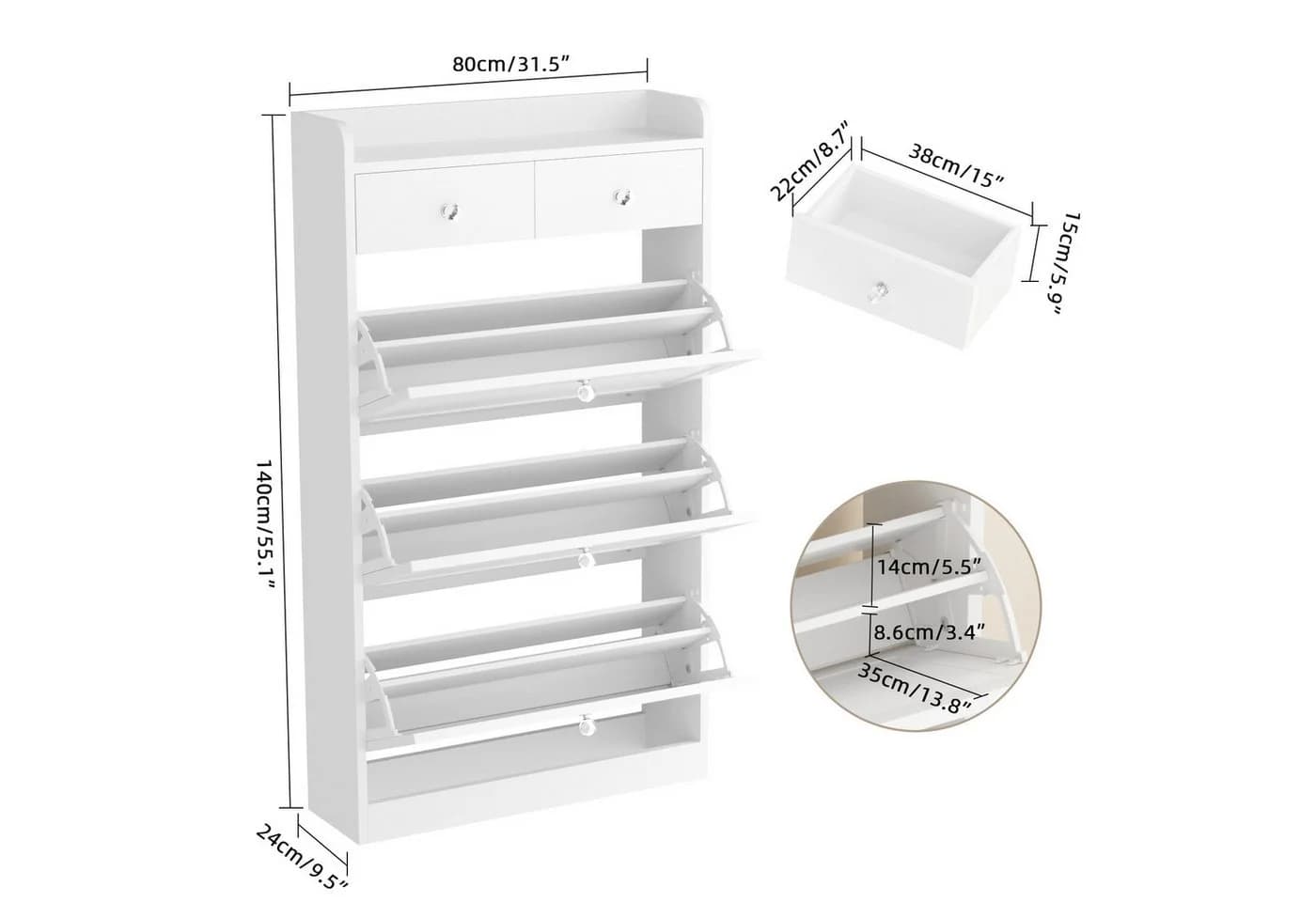VOWNER Schuhschrank mit 3 Klappen und 2 Schubladen Weiß