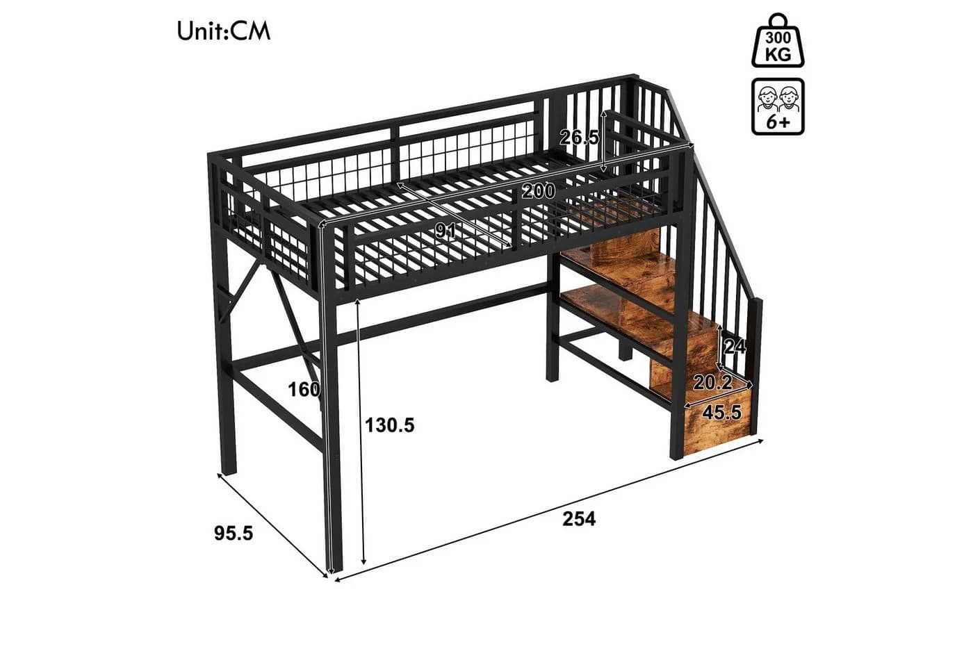 Ulife Hochbett Eisenrahmen mit LED-Lichtleiste & Stauraum Treppen