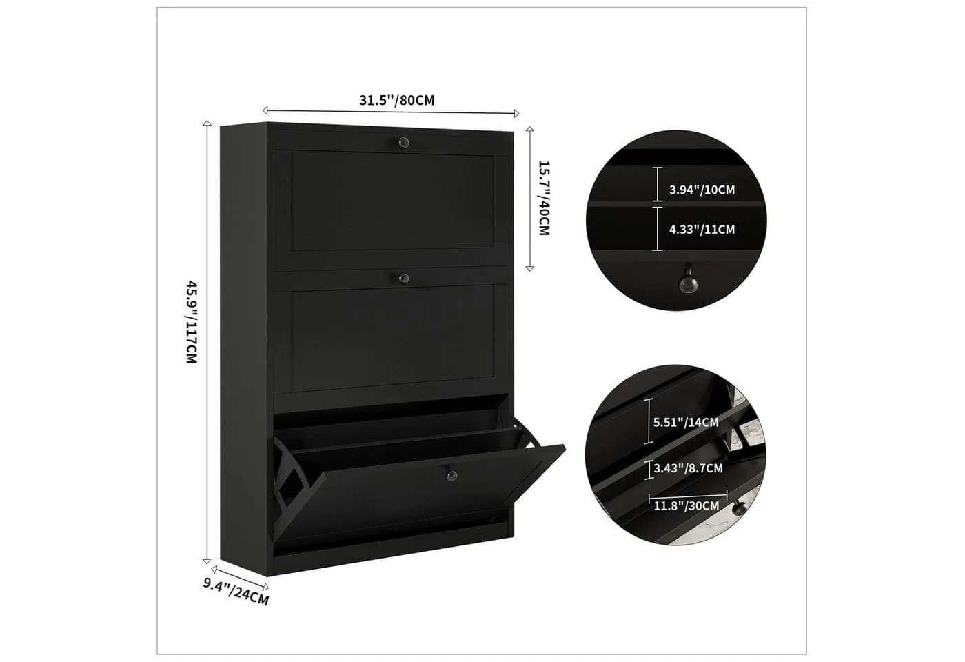 VOWNER Schuhschrank 3 Klappen Schwarz Verstellbar