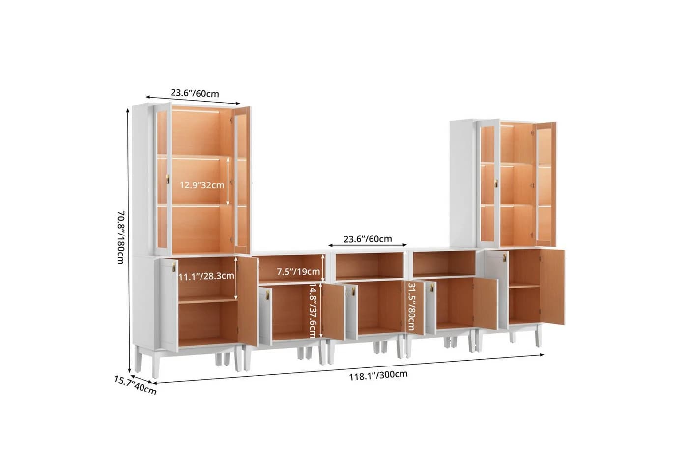 VOWNER TV-Board Set 5-tlg. mit Glastüren & LED-Beleuchtung Weiß/Grün