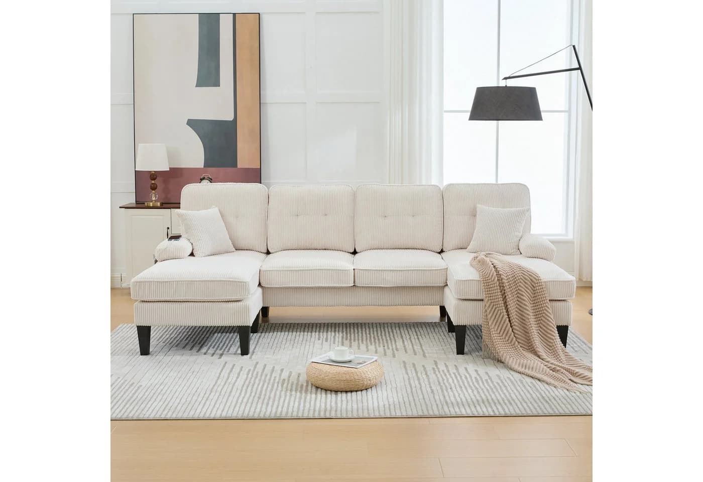 TavilaEcon Ecksofa 4-Sitzer Beige Leinenstoff U-Form