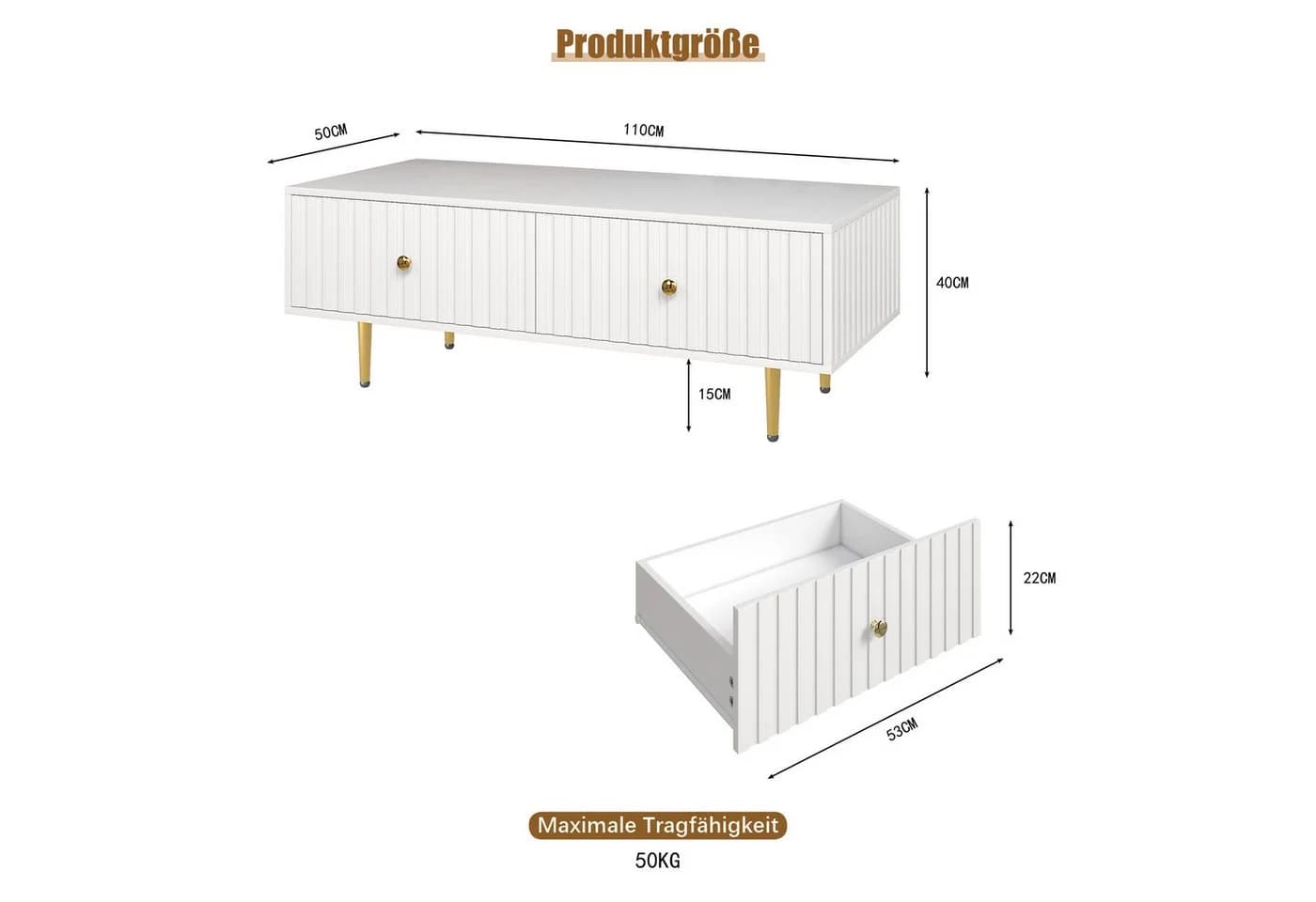 radelldar Couchtisch Weiß/Gold mit 2 Schubladen und Metallfüßen